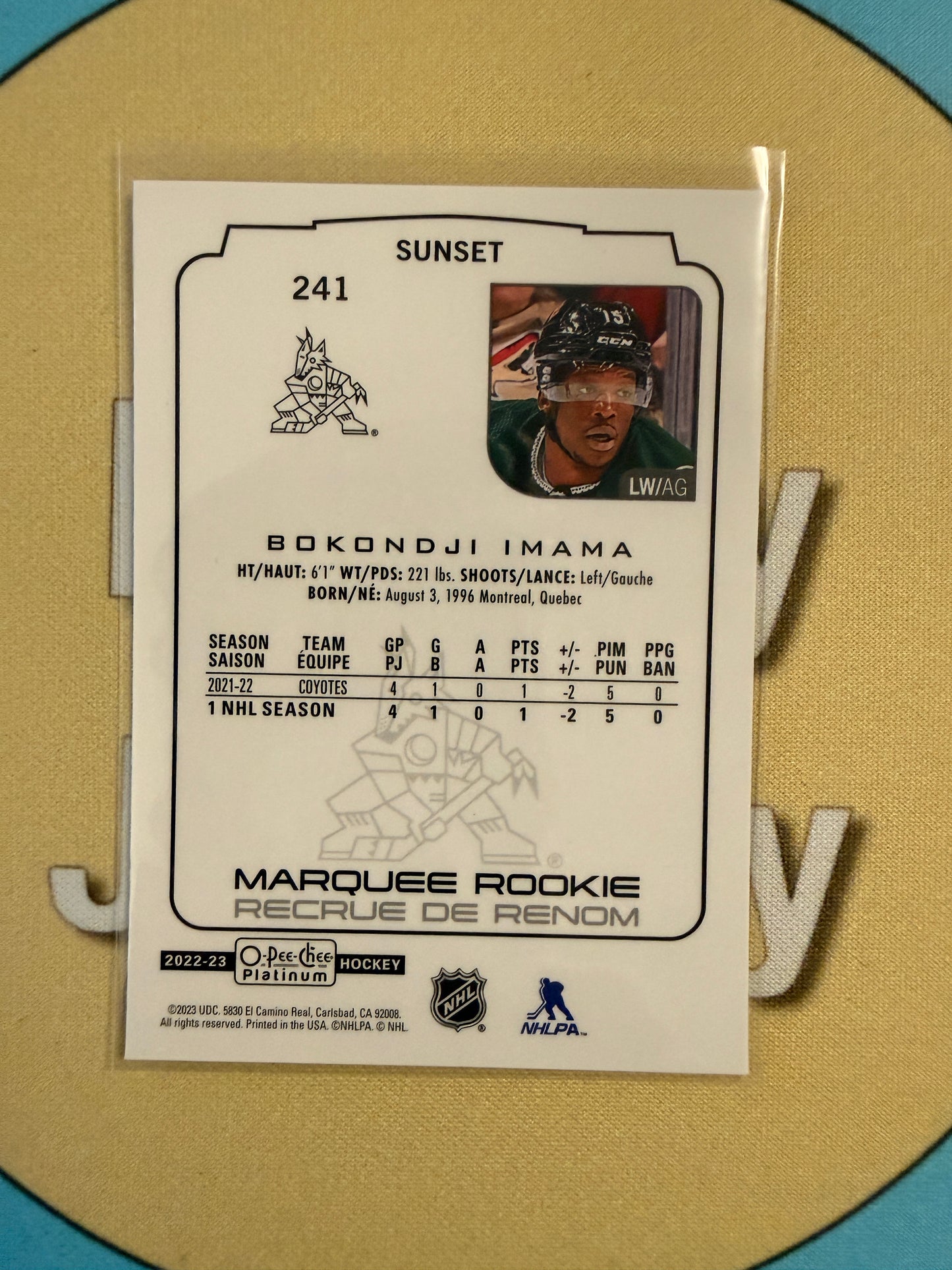 2022-23 O-Pee-Chee Platinum Bokondji Imama Sunset Marquee Rookie Arizona Coyotes