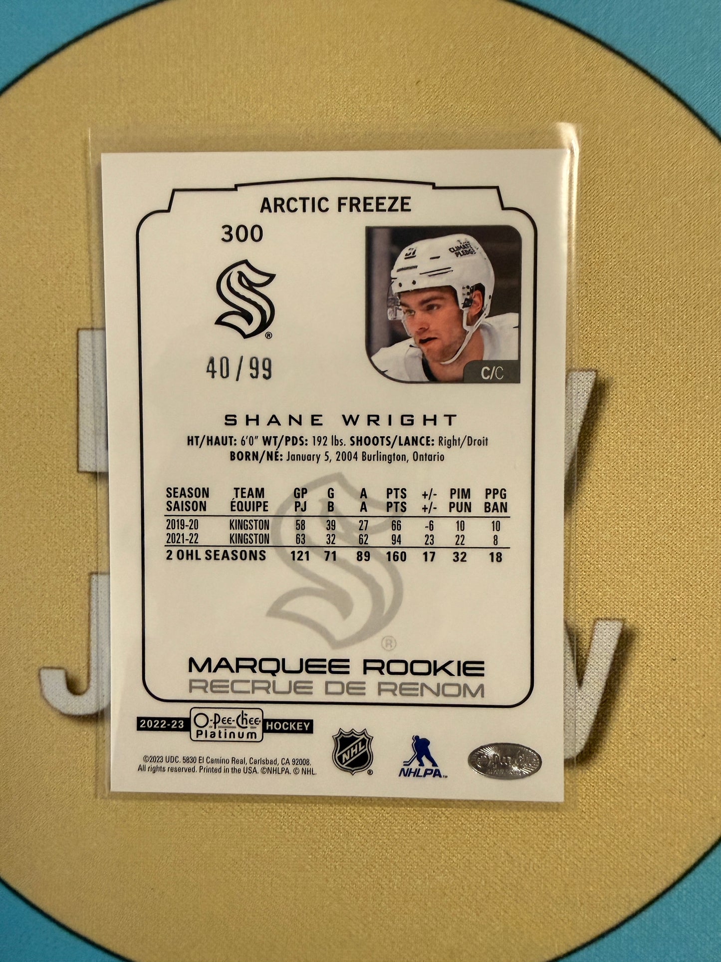 2022-23 O-Pee-Chee Platinum Shane Wright Arctic Freeze Marquee Rookie /99 Seattle Kraken