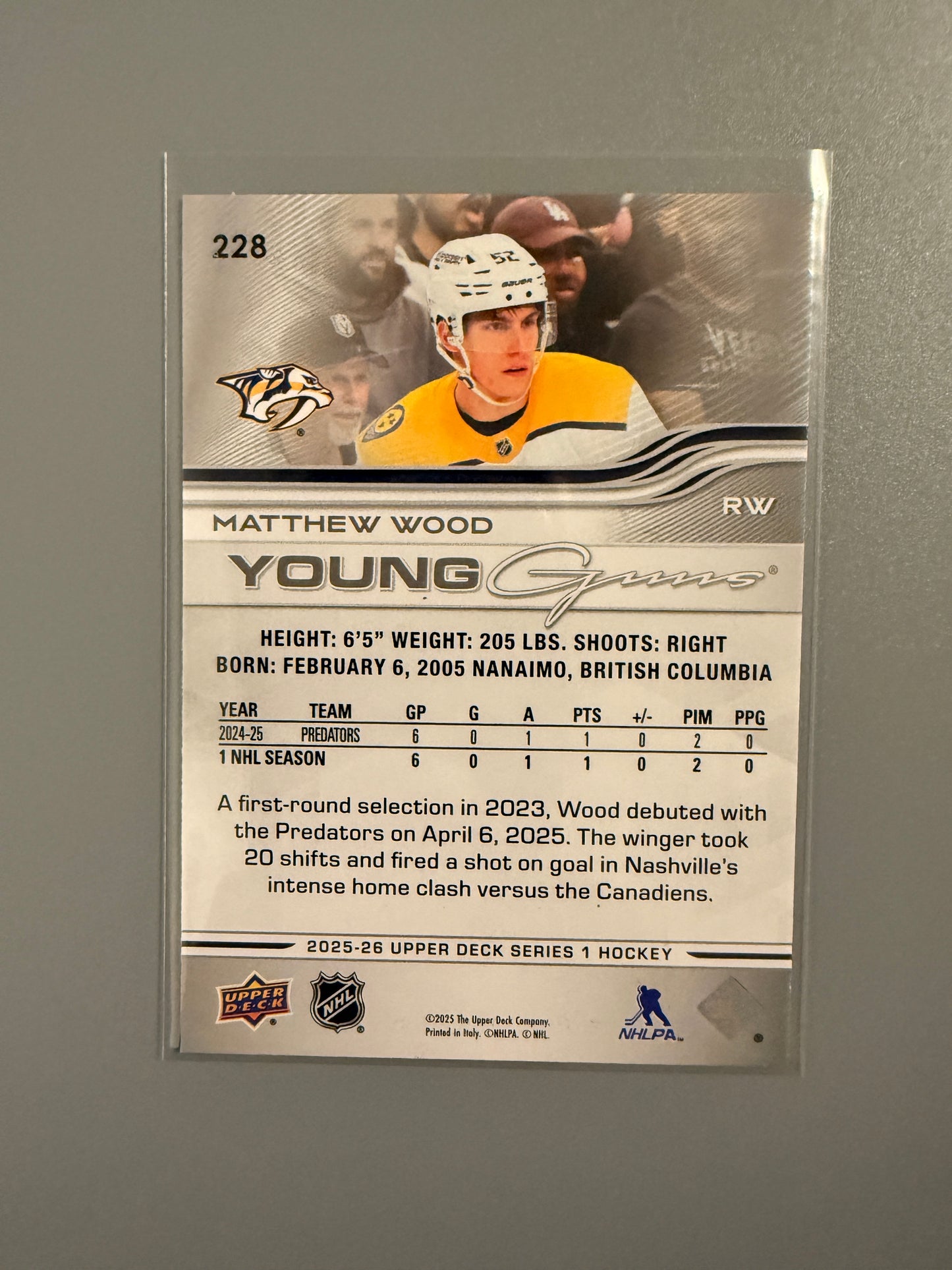 2025-26 Series One Young Guns Matthew Wood RC 228 Predators