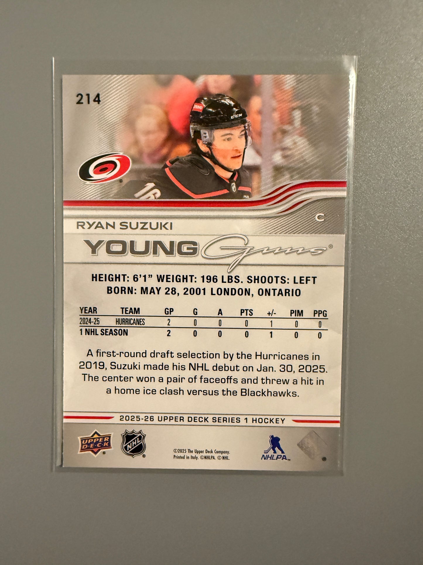 2025-26 Series One Young Guns Ryan Suzuki RC 214 Hurricanes