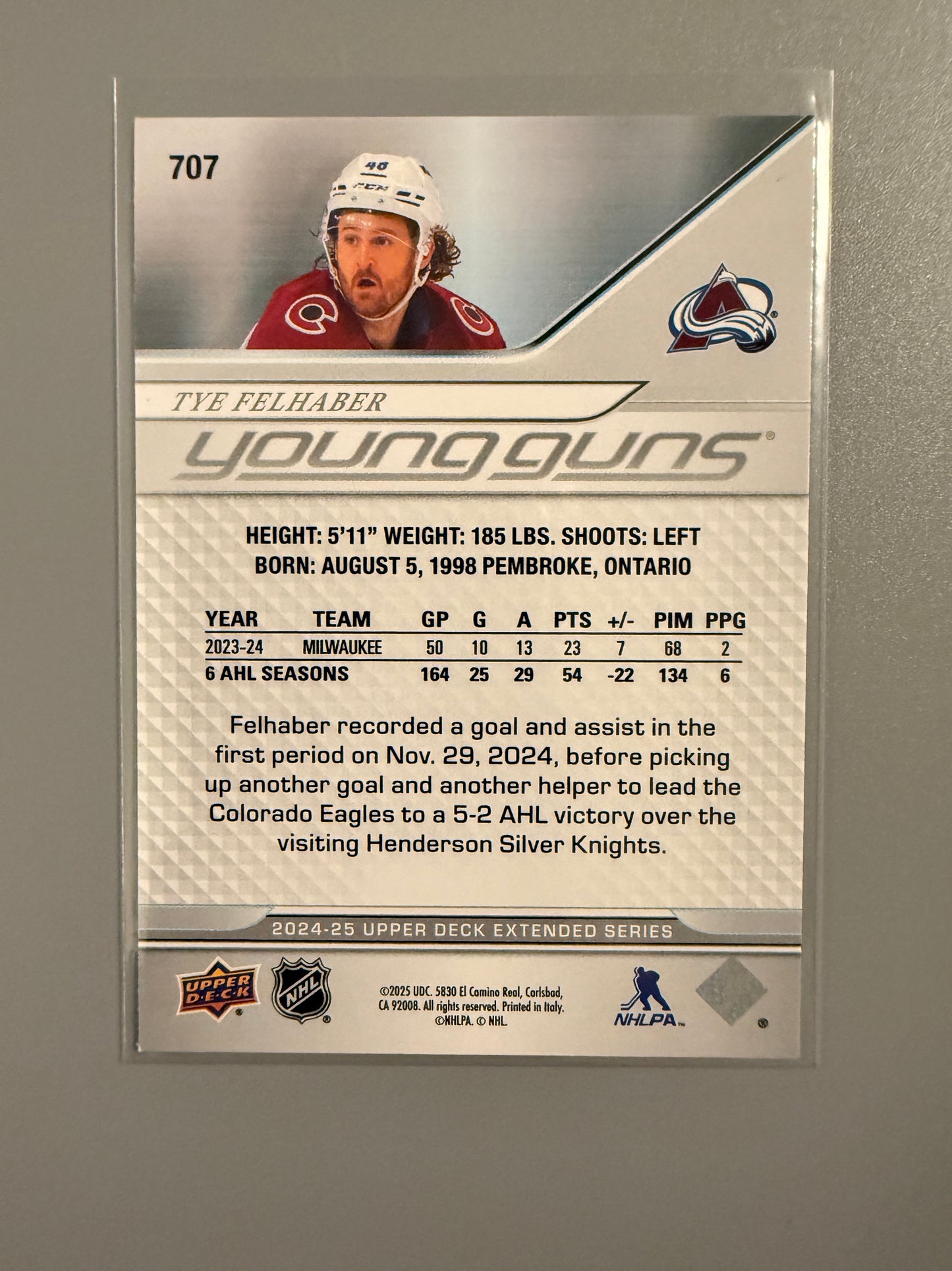 2024-25 Series Two Young Guns Tye Felhaber RC 707 Avalanche