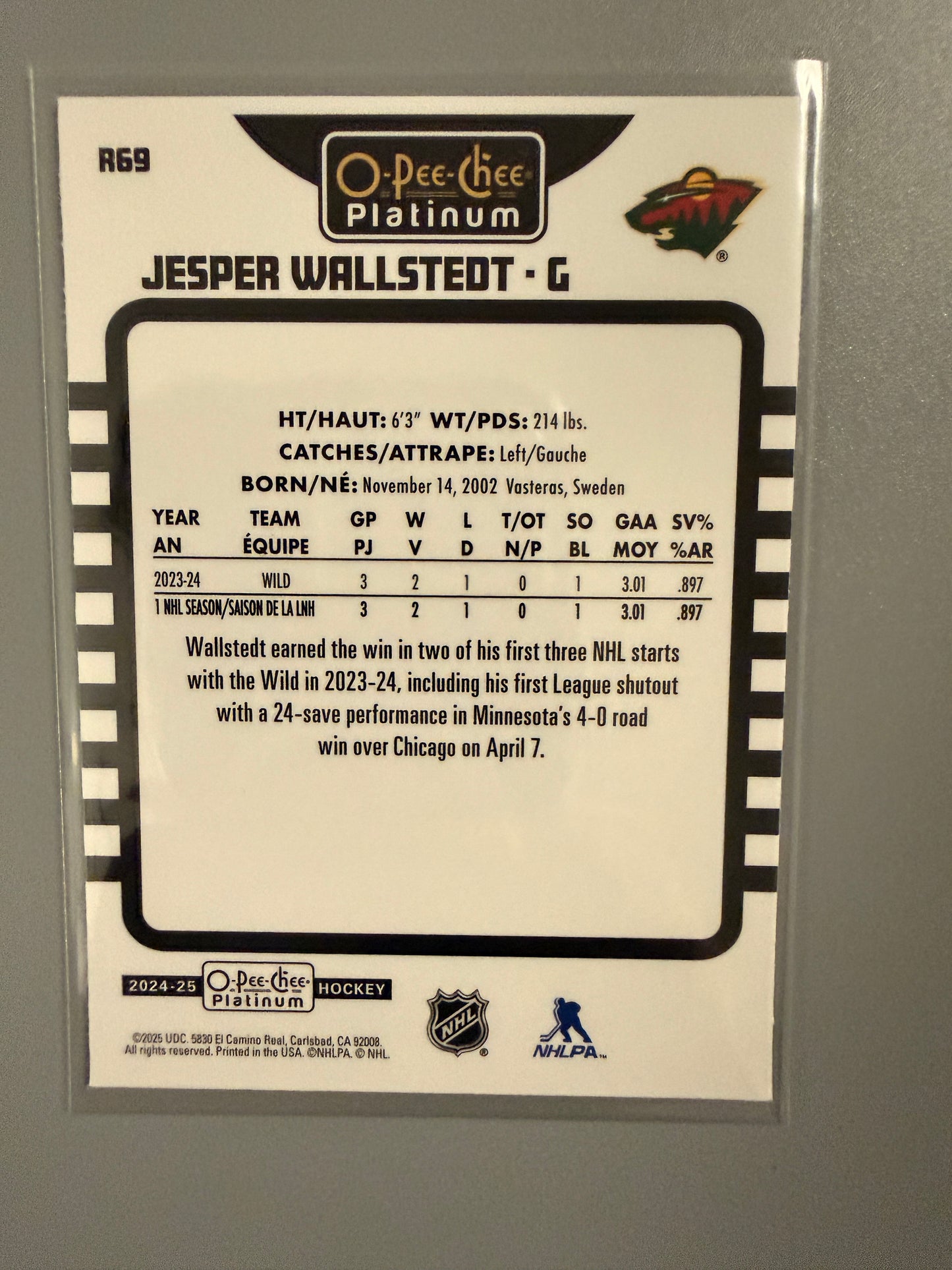 2024-25 O-Pee-Chee Platinum Rainbow Variant Jesper Wallstedt RC R69 Wild