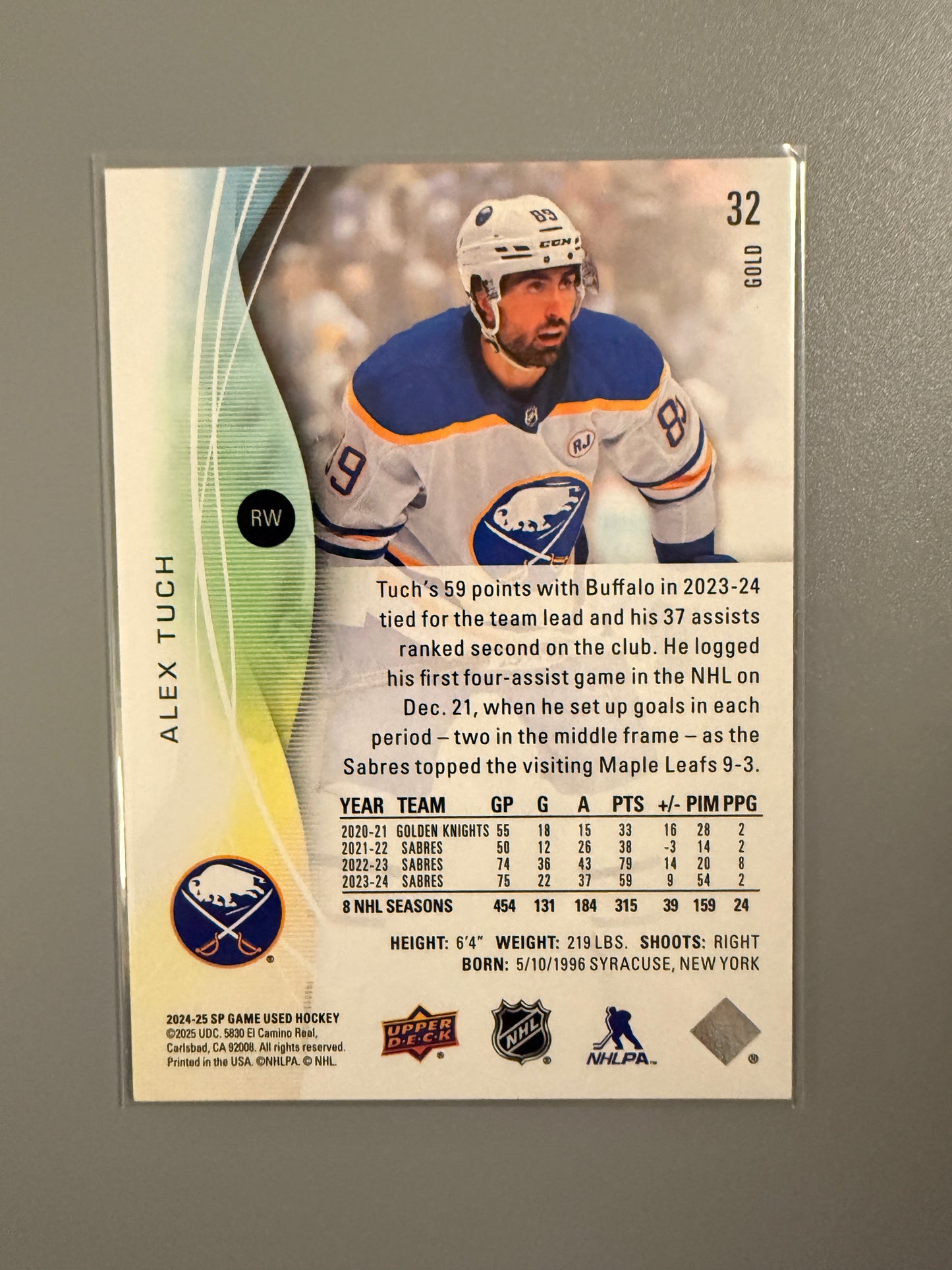 2024-25 SP Game Used Gold Variant Alex Tuch 119/149 Sabres