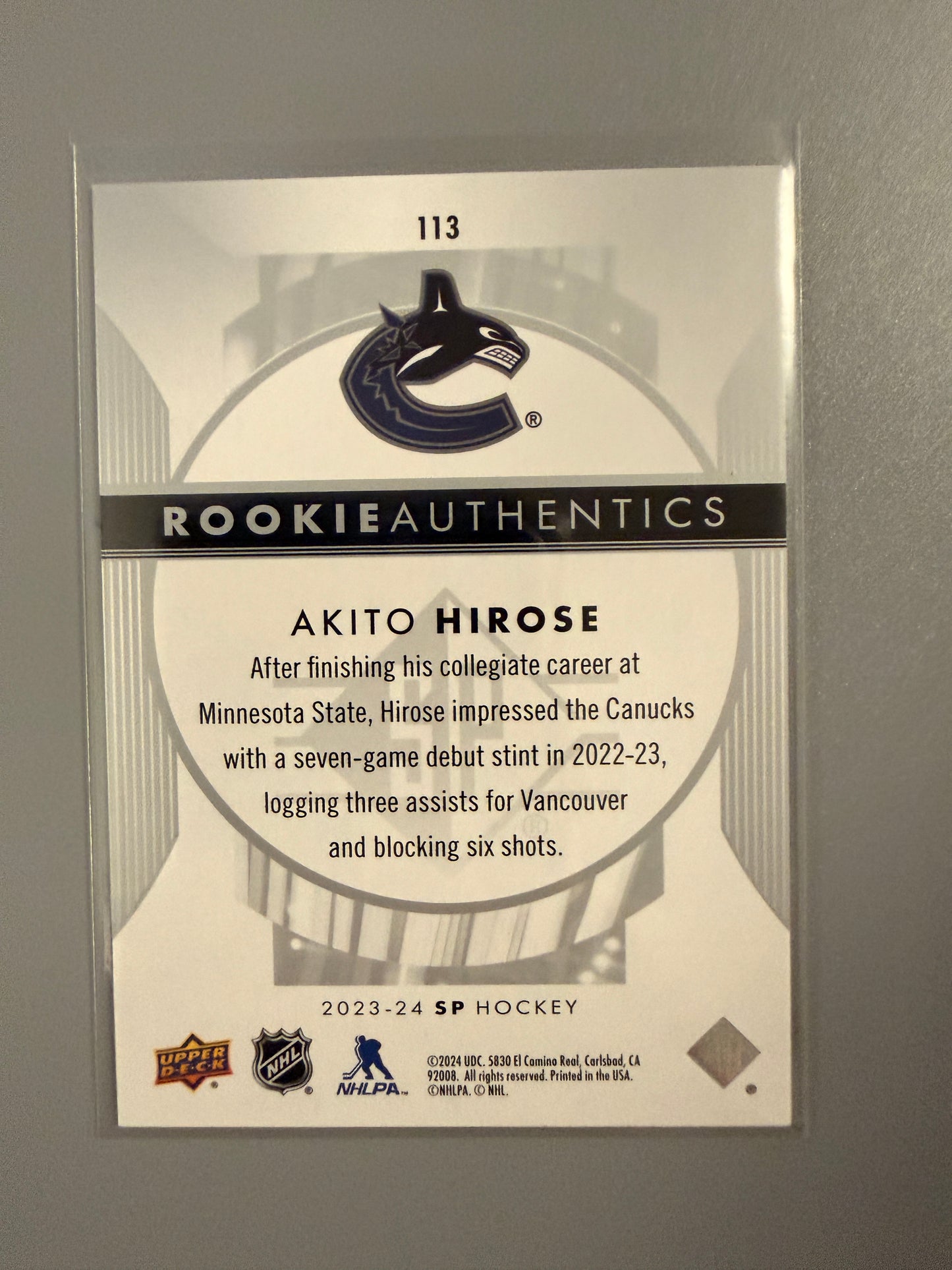 2023-24 SP Rookie Authentics Akito Hirose RC 113 Canucks
