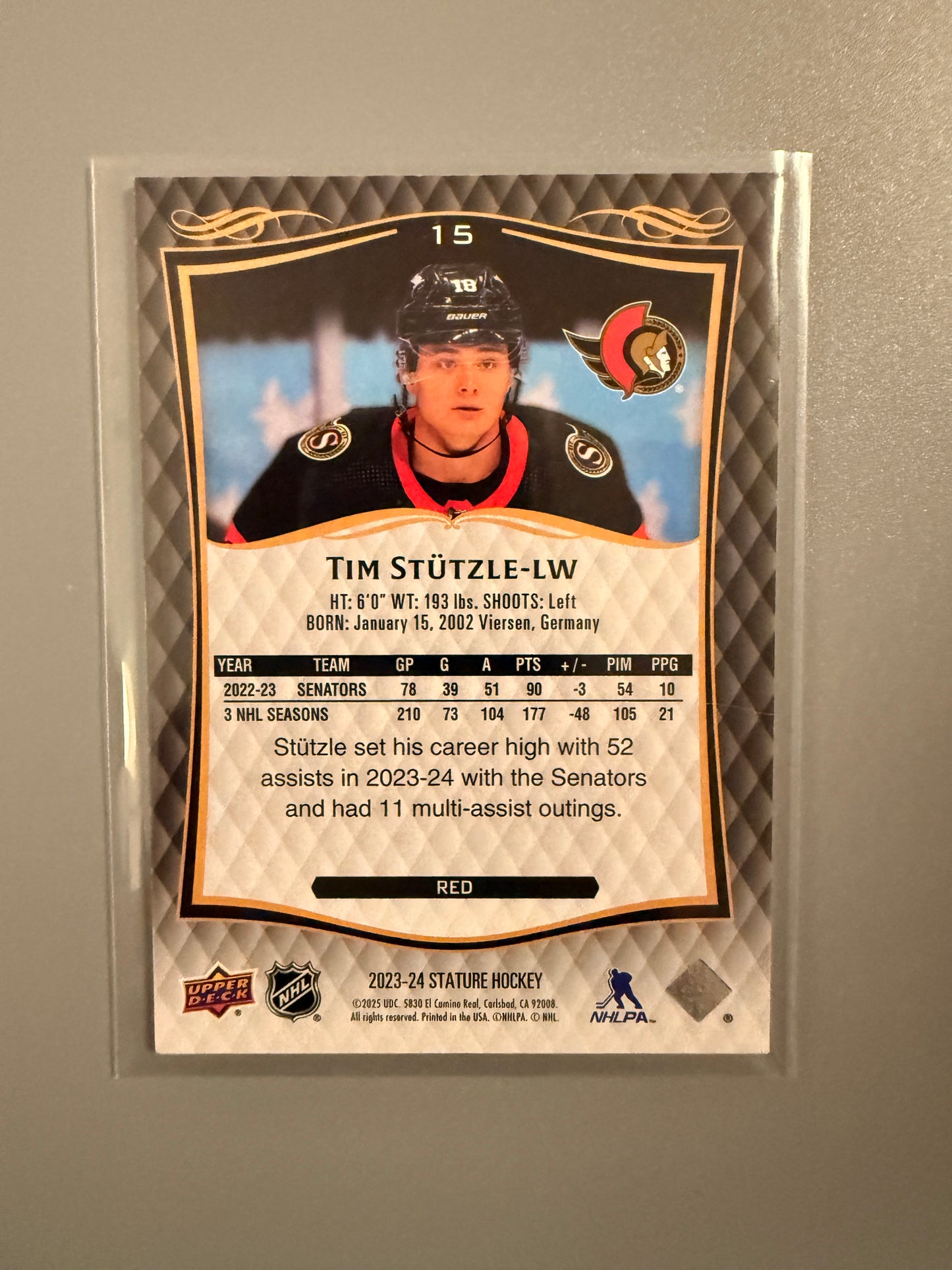 2023-24 Stature Red Tim Stutzle 184/249 15 Senators