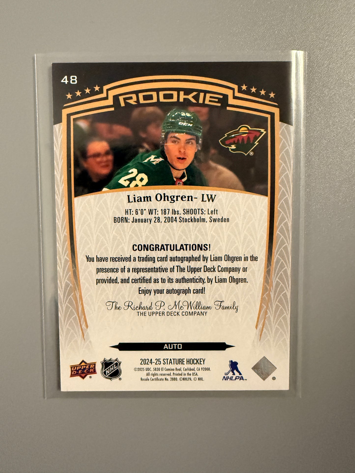 2024-25 Stature Rookie Auto Liam Ohgren RC 48 Wild