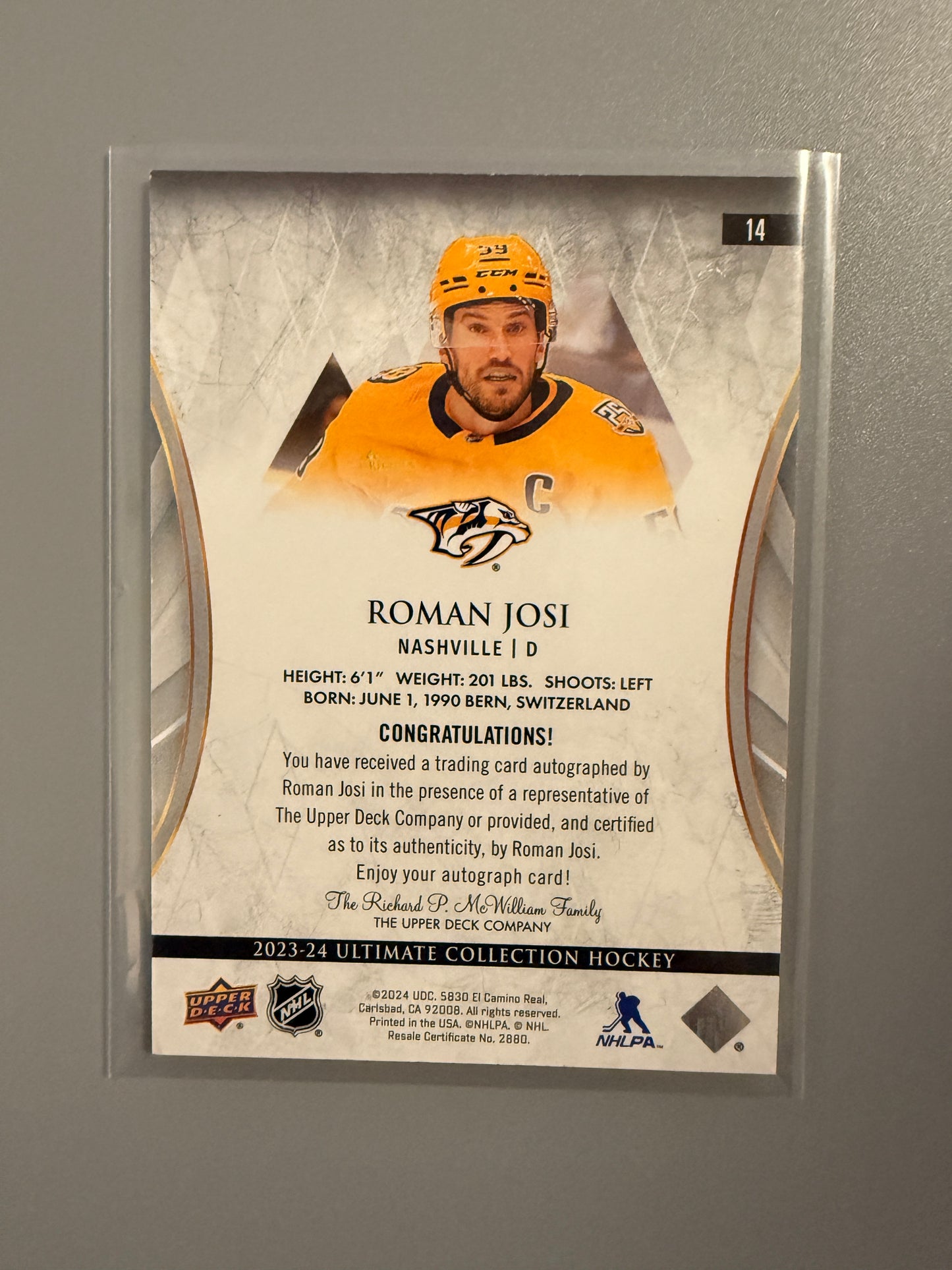2023-24 Ultimate Collection Roman Josi Autograph 14 Predators