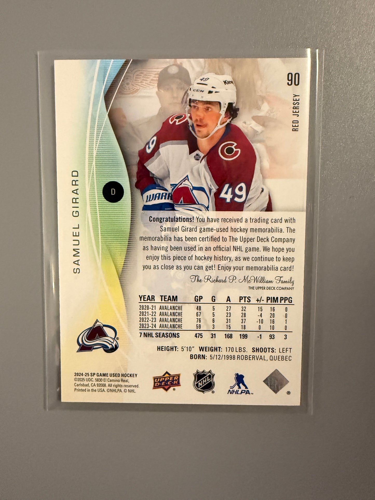 2024-25 SP Game Red Jersey Variant Samuel Girard 90 Avalanche