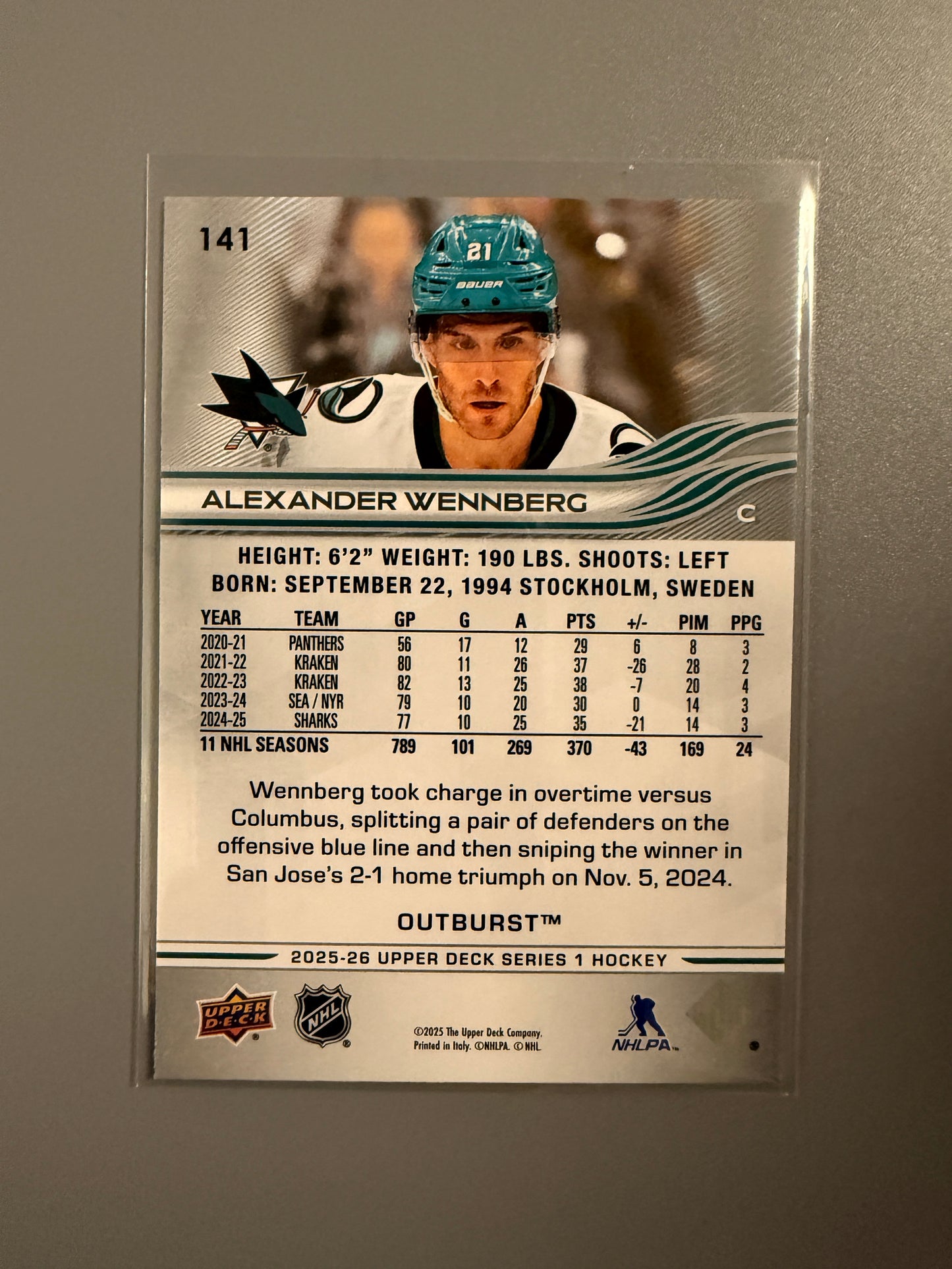2025-26 Series One Outburst Alexander Wennberg 141 Sharks