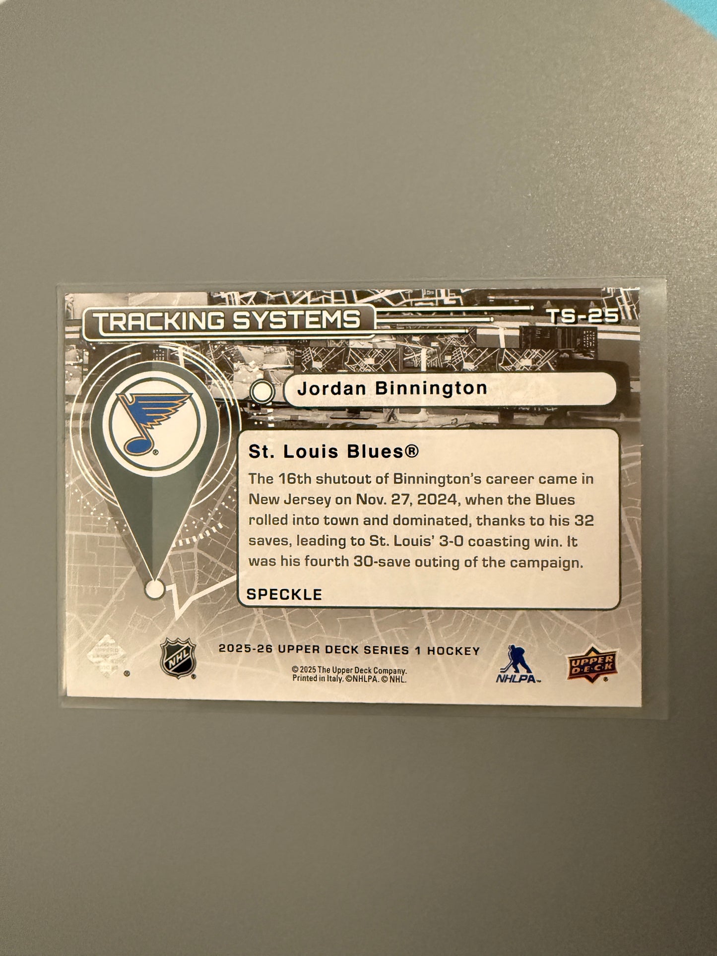 2025-26 Series One Tracking Systems Speckled Variant Jordan Binnington TS-25 Blues