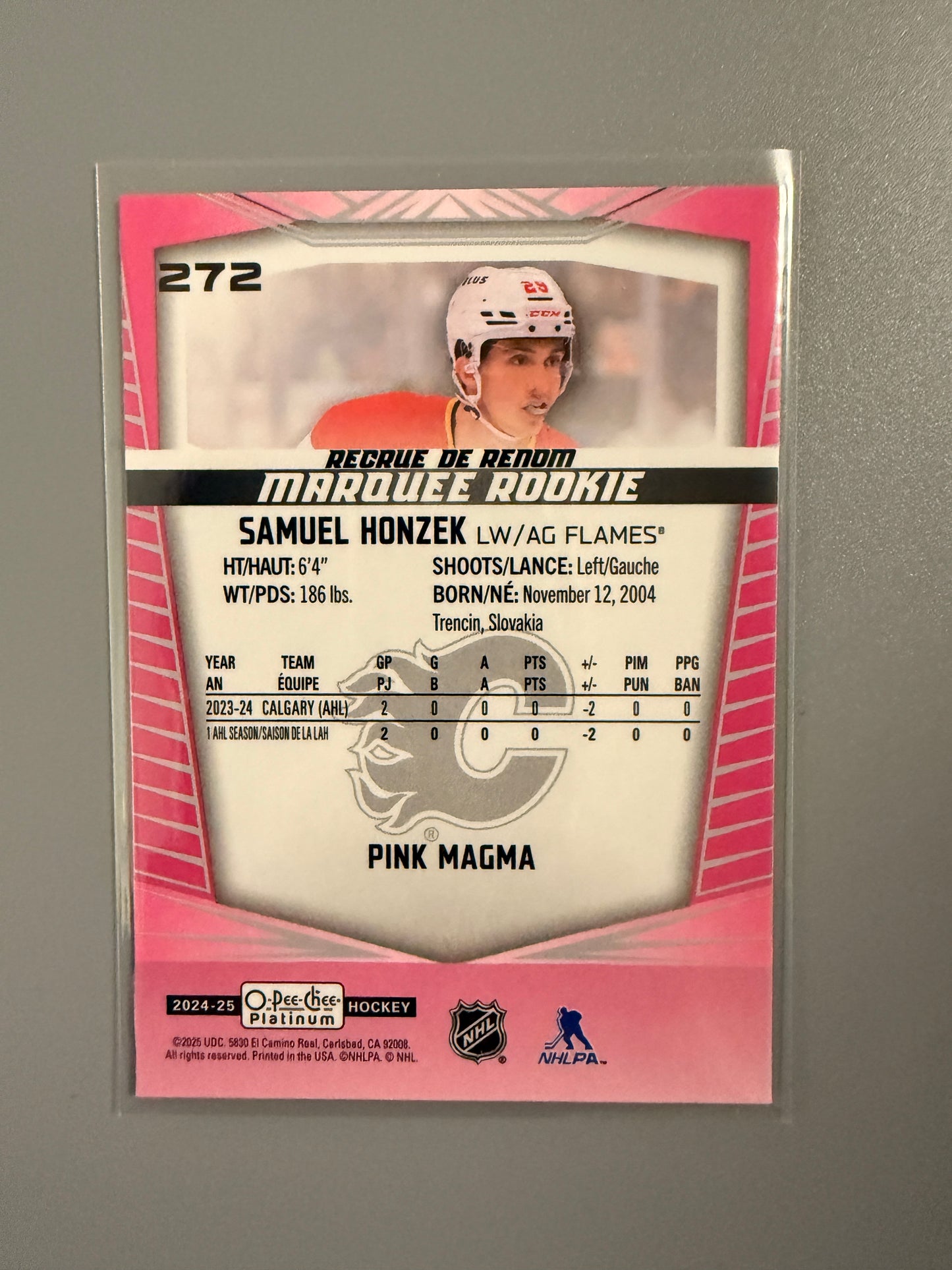 2024-25 O-Pee-Chee Platinum Marquee Pink Magma Samuel Honzek RC 272 Flames