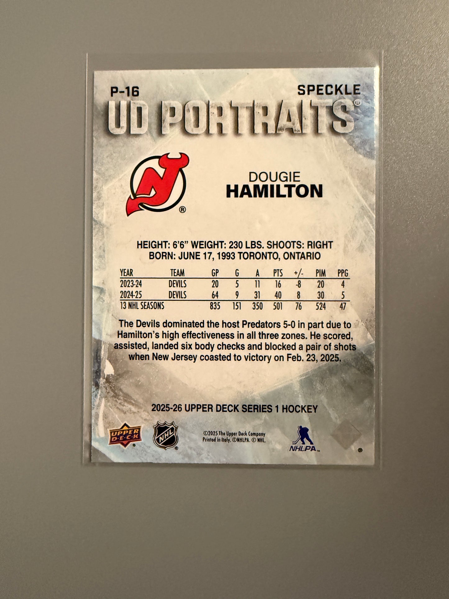 2025-26 Series One UD Portraits Speckled Variant Dougie Hamilton P-16 Devils