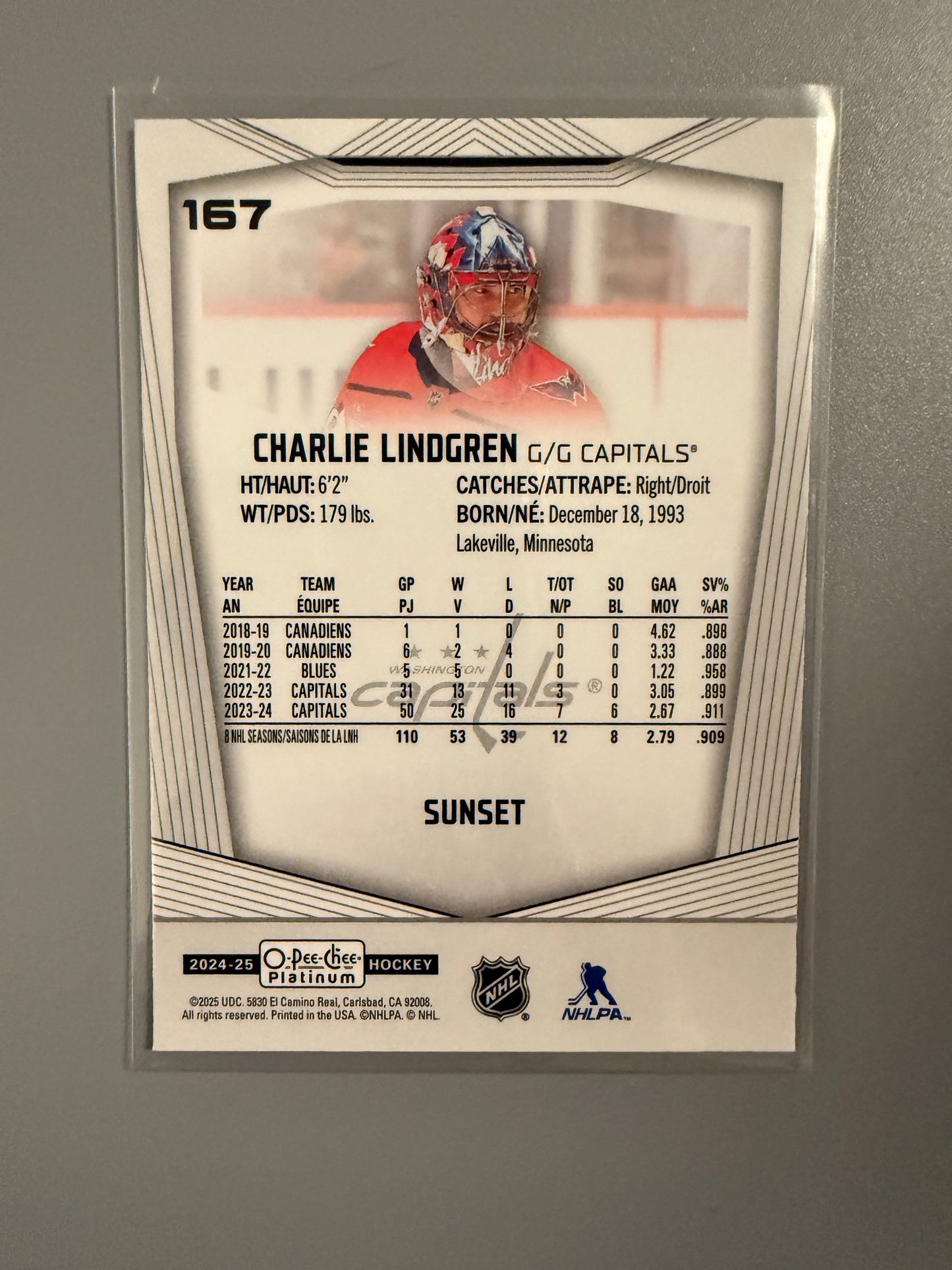 2024-25 O-Pee-Chee Platinum Sunset Variant Charlie Lindgren 167 Capitals