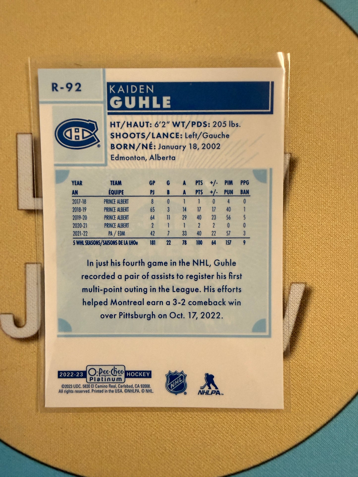 2022-23 O-Pee-Chee Platinum Kaiden Guhle Rainbow Rookie Montreal Canadiens
