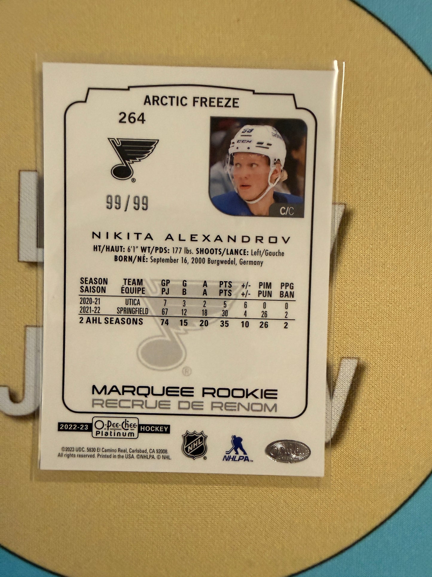 2022-23 O-Pee-Chee Platinum Nikita Alexandrov Arctic Freeze Marquee Rookie 99/99 St. Louis Blues