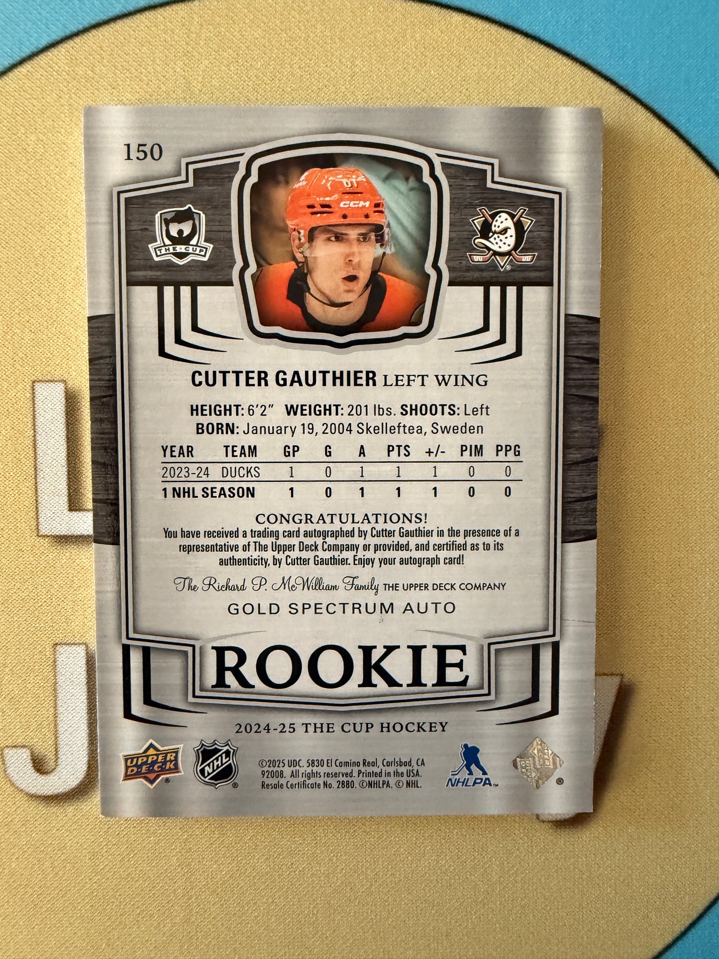 2024-25 The Cup Rookies Gold Spectrum Auto Foil Cutter Gauthier 23 of 36 #150 ducks