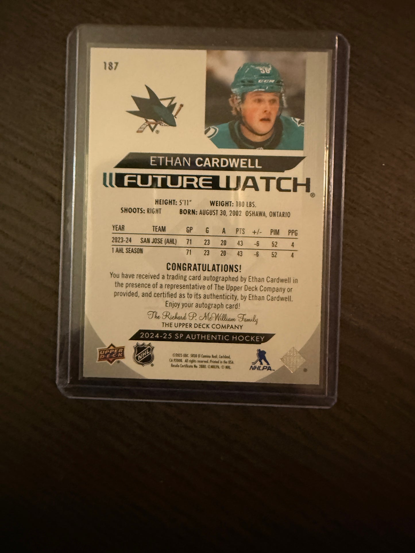 2024-25 Upper Deck SP Authentic Future Watch Ethan Cardwell Rookie Auto 054/999