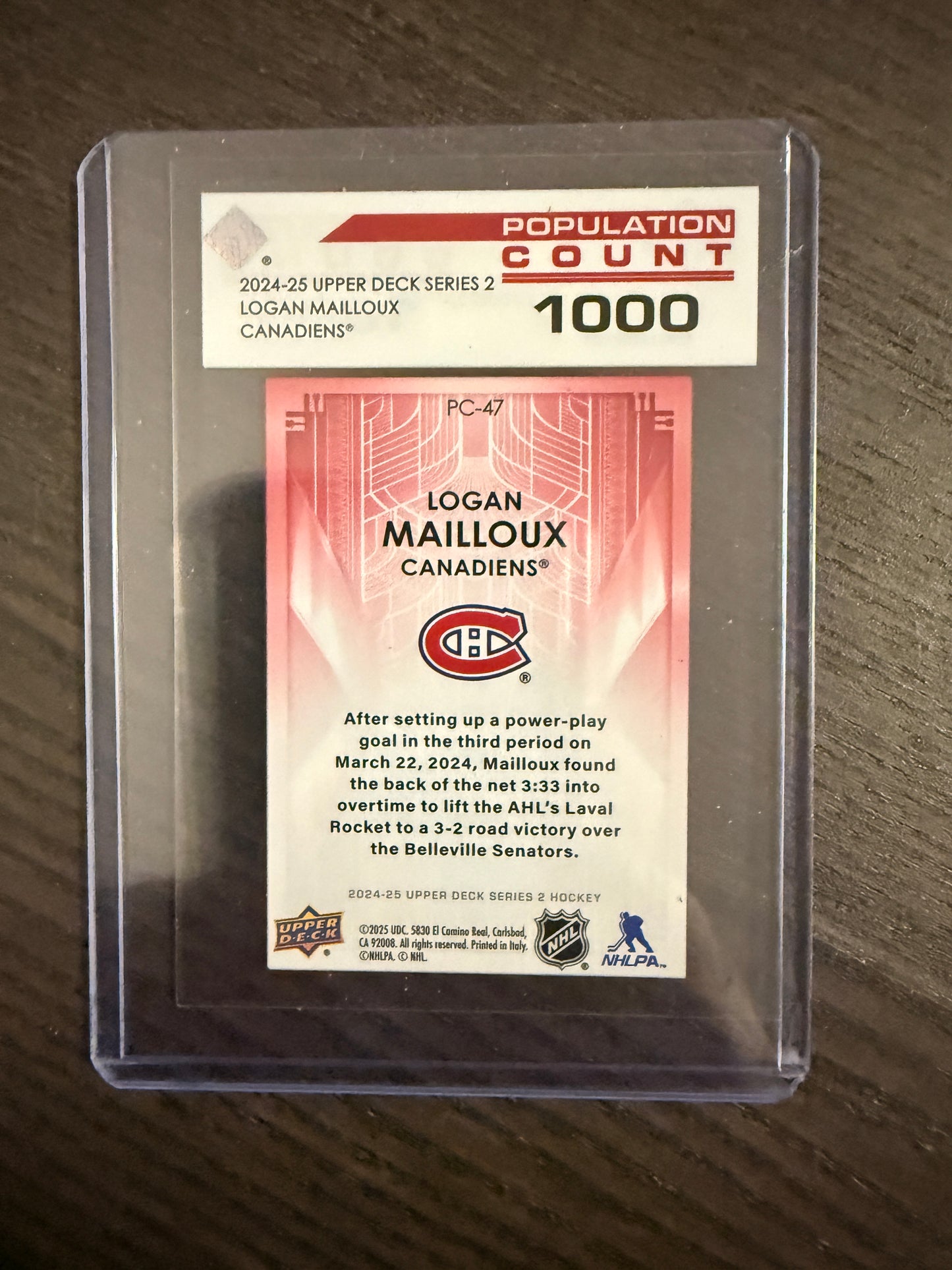 2024-25 UD Series 2 Logan Mailloux Rookie Clear Population Count 1000 #PC-47 Mtl