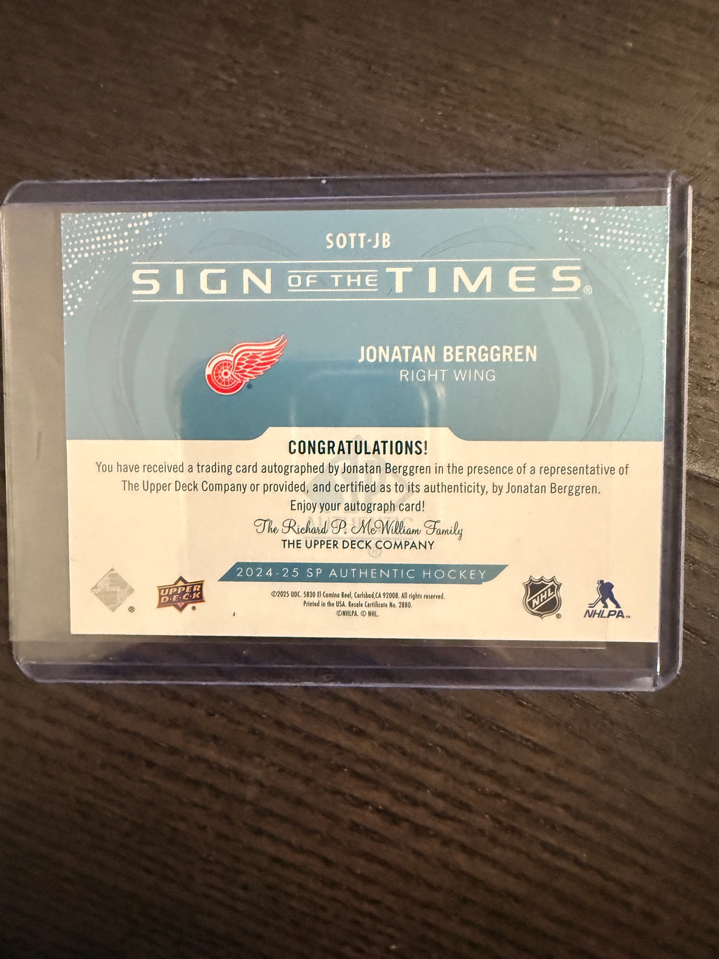 2024-25 SP Authentic Sign of the Times Auto #SOTT-JB Jonatan Berggren