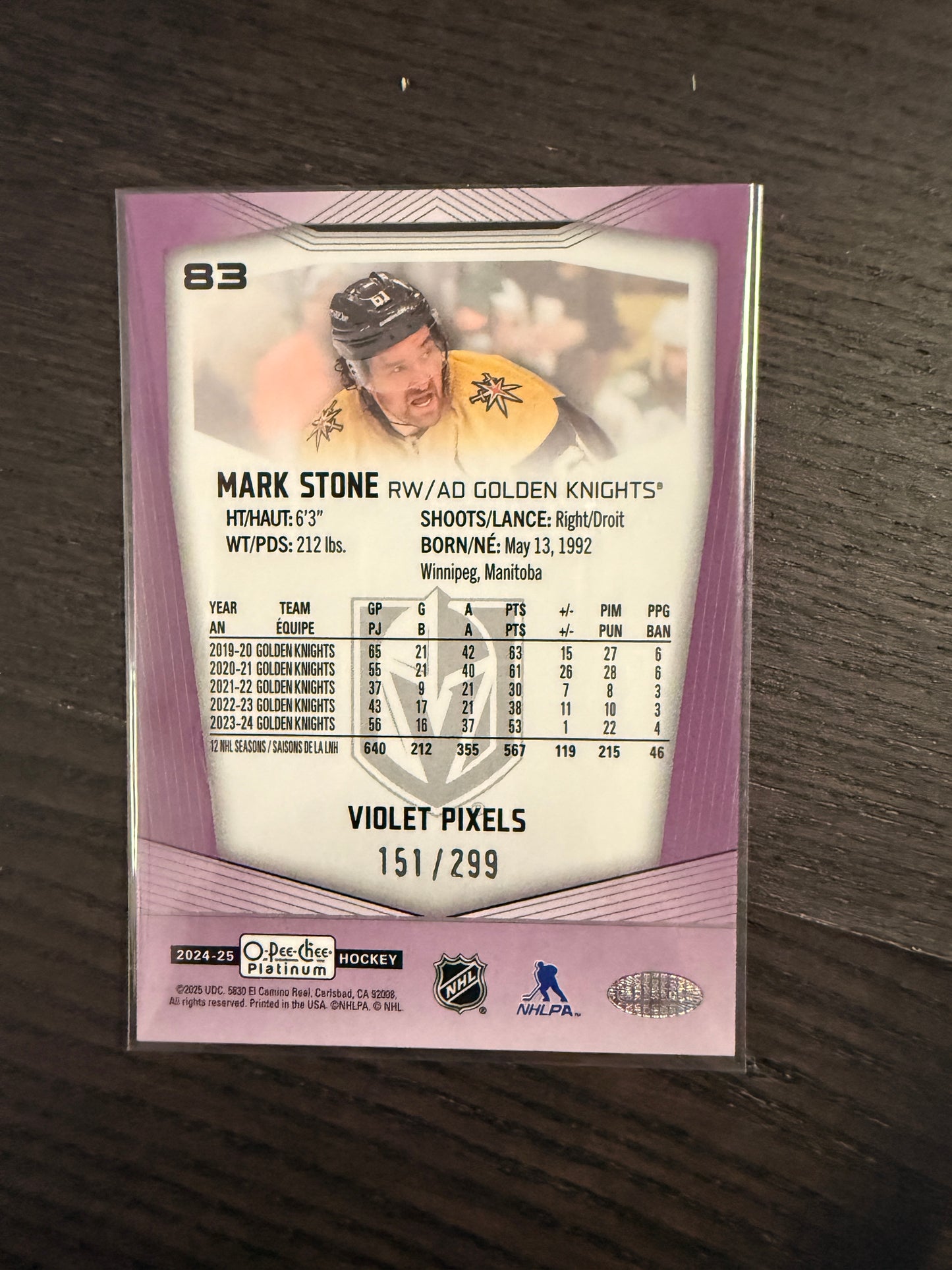 Mark Stone 2024-25 O-Pee-Chee Platinum Violet Pixels 013/299 #83 Golden Knights