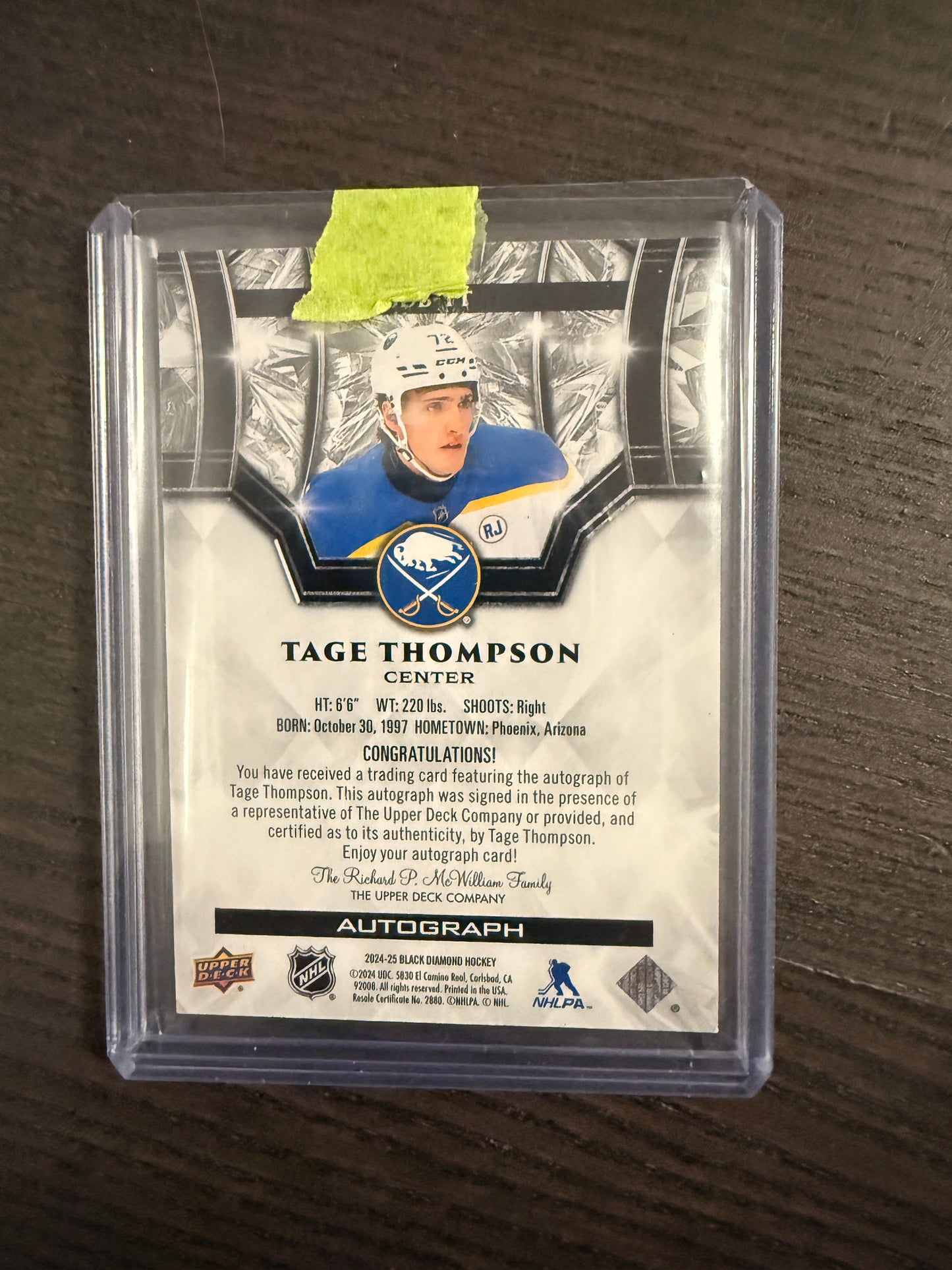 2024-25 UD Black Diamond Autograph, Tage Thompson Auto 42/49 - Sabres
