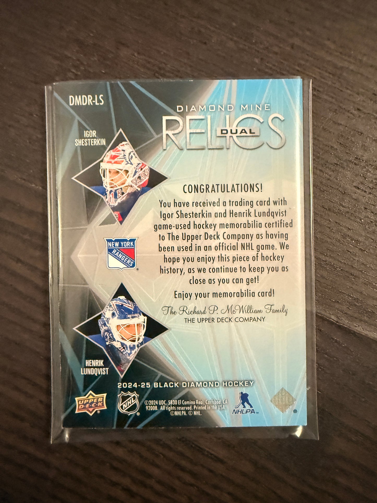 2024 UD Black Diamond Mine Dual Relics Igor Shesterkin Henrik Lundqvist Rangers