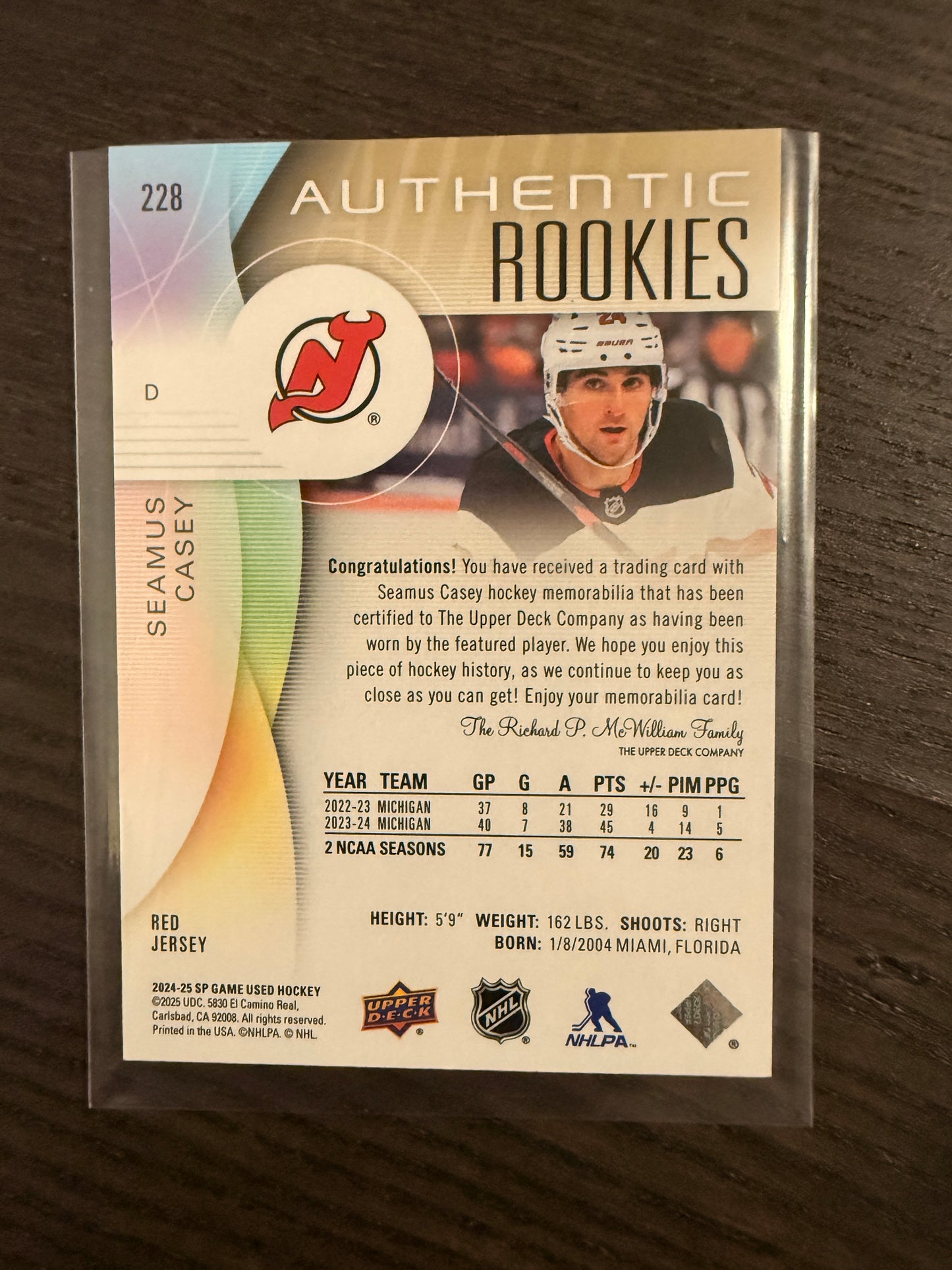 2024-25 Upper Deck SP Game Used Seamus Casey Authentic Rookies Red Jersey #228