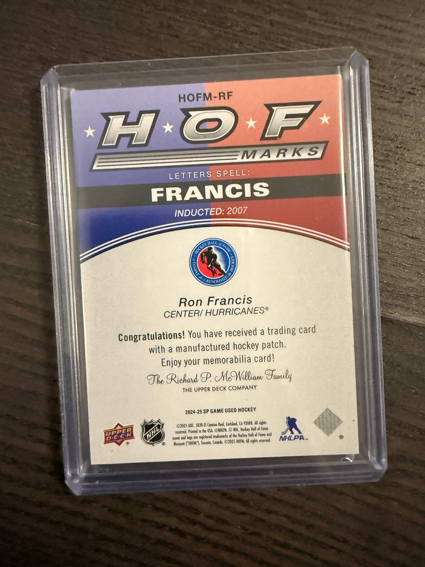2024-25 Upper Deck SP Game Used HOF Marks RON FRANCIS HOFM-RF 35 Hurricanes SPGU