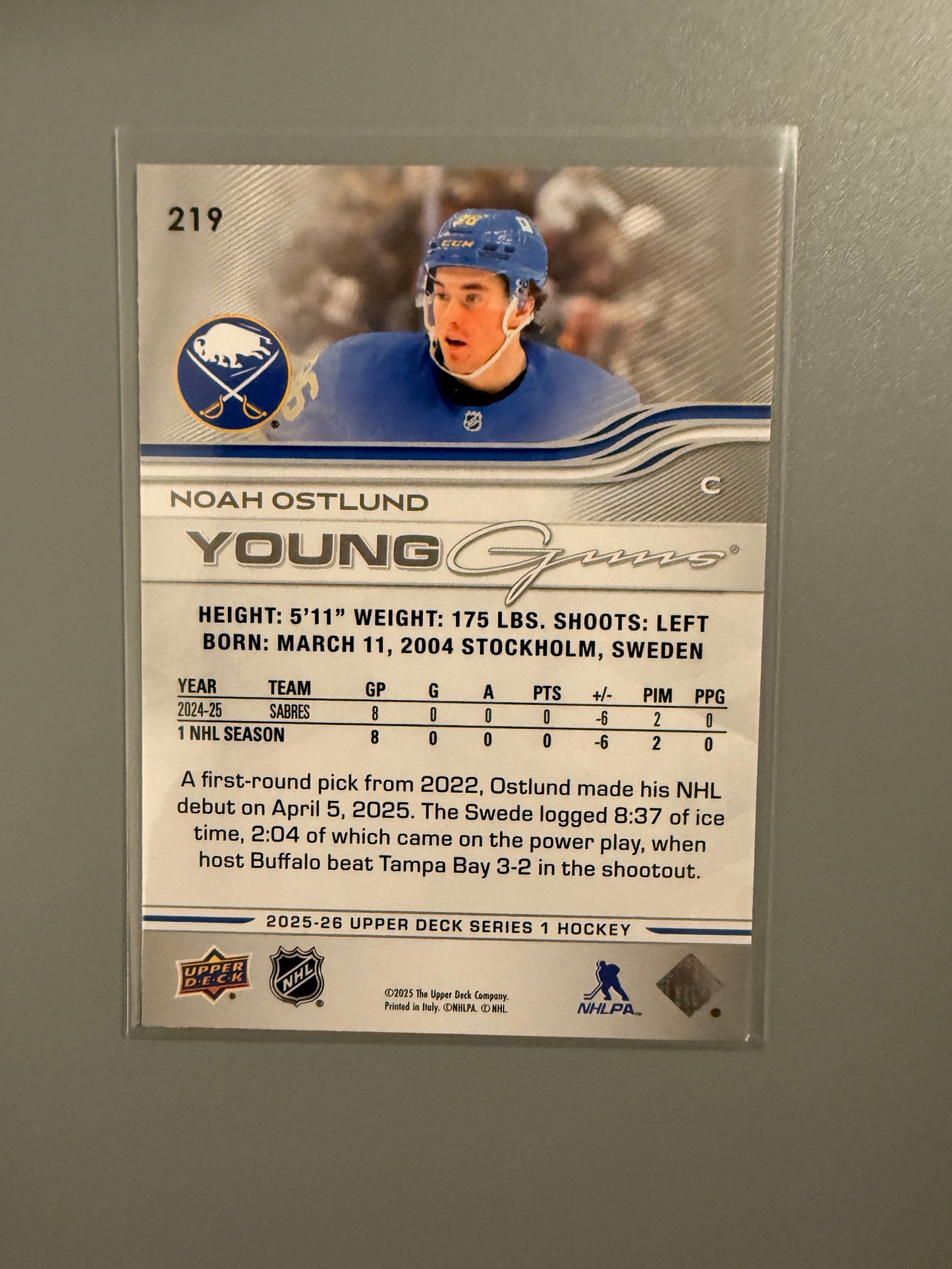 2025-26 Series One Young Guns Noah Ostlund RC 219 Sabres