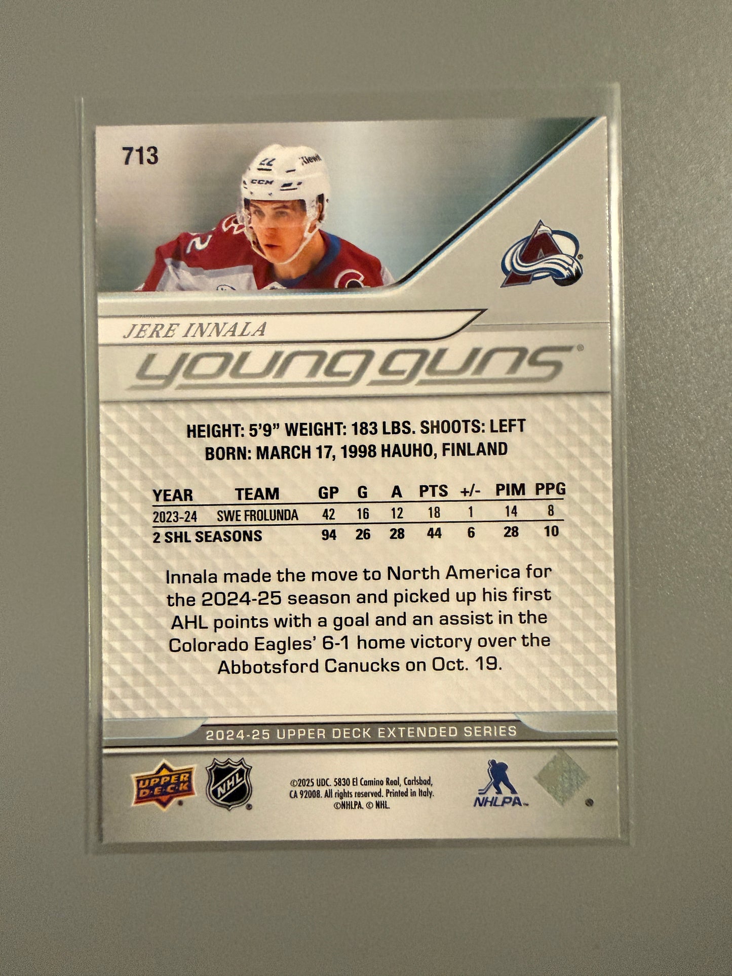 2024-25 Series Two Young Guns Jere Innala RC 713 Avalanche