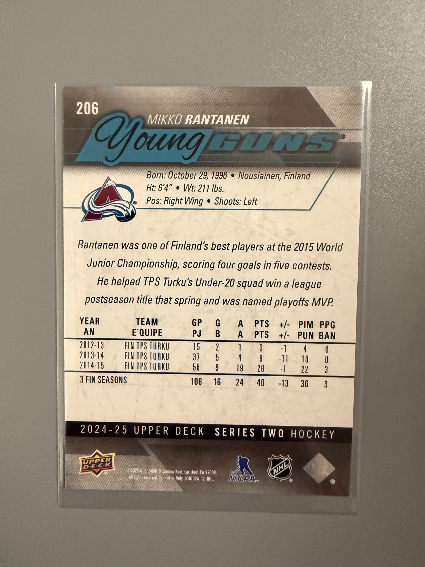 2024-25 Series Two Young Guns Mikko Rantanen RC 206 Avalanche
