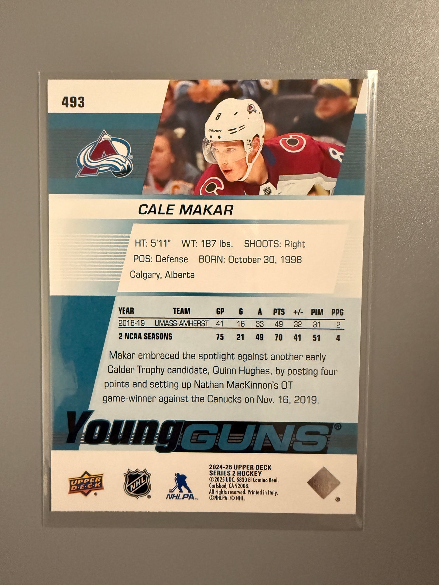 2024-25 Series Two Young Guns Cale Makar RC 493 Avalanche