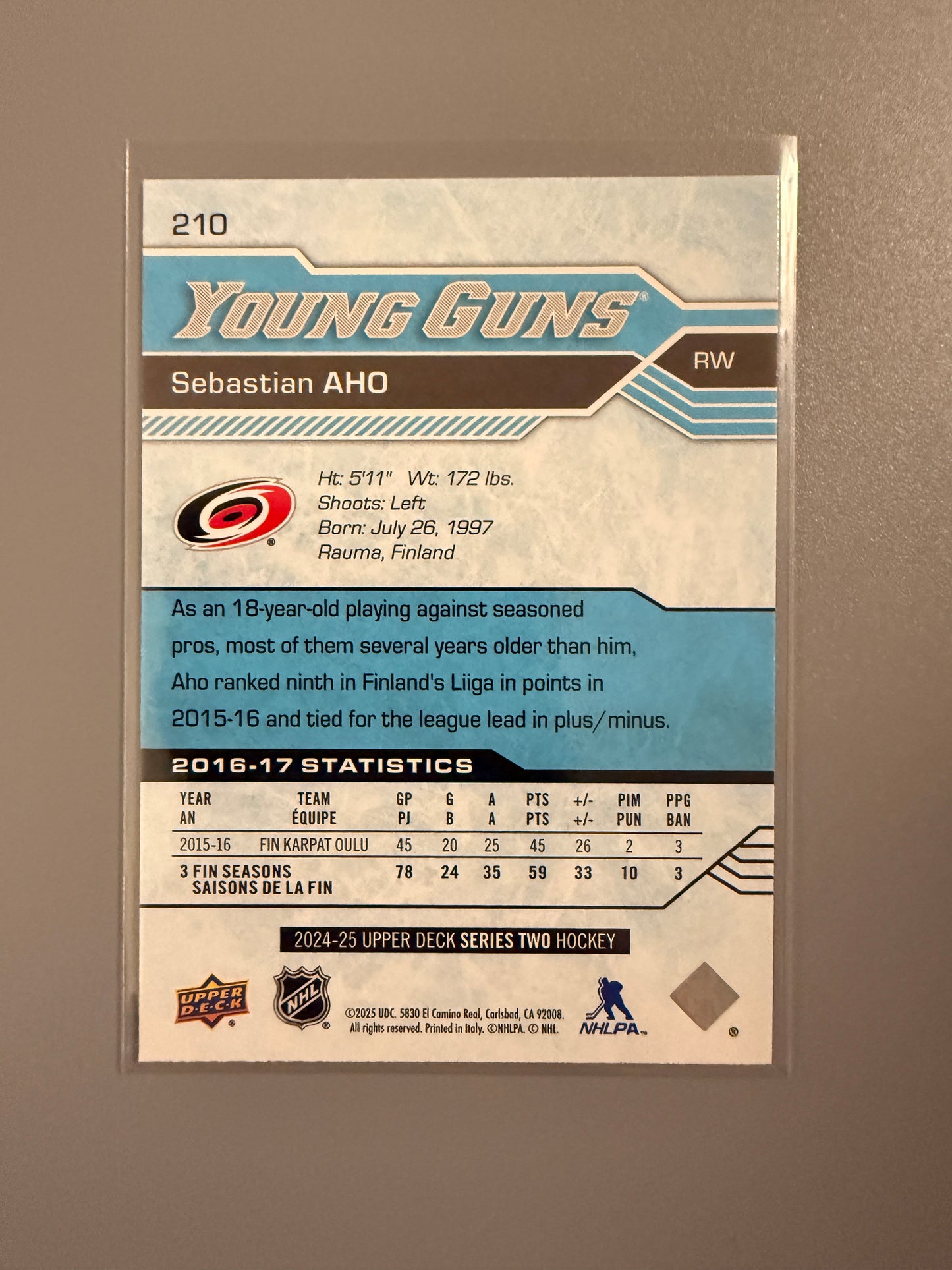 2024-25 Series Two Young Guns Sebastian Aho RC 210 Hurricanes