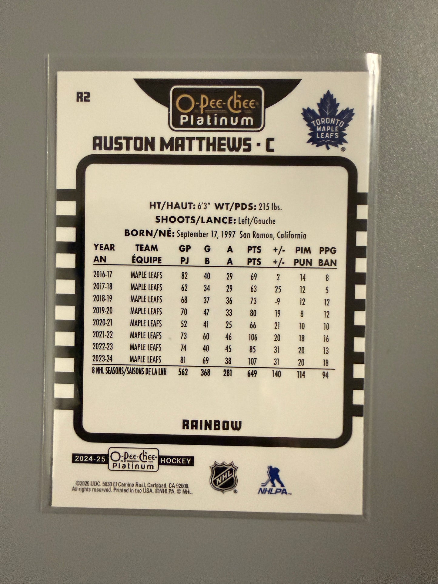 2024-25 O-Pee-Chee Platinum Rainbow Variant Auston Matthews R2 Maple Leafs