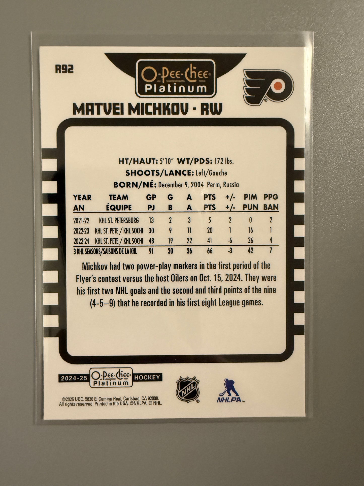 2024-25 O-Pee-Chee Platinum Rainbow Variant Matvei Michkov RC R92 Flyers