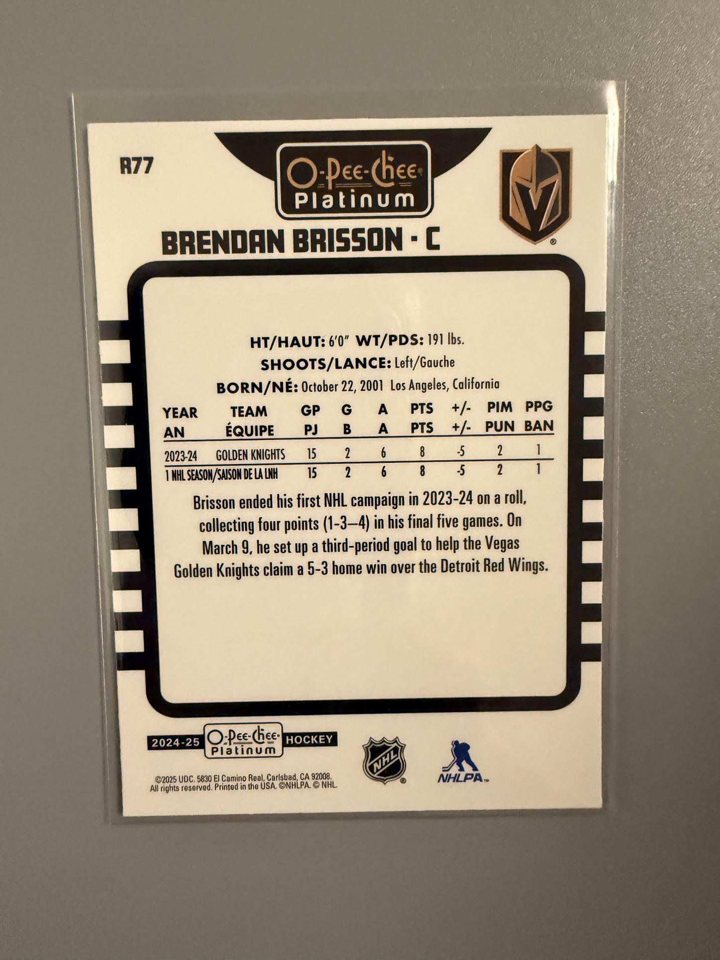 2024-25 O-Pee-Chee Platinum Rainbow Variant Brendan Brisson RC R77 Golden Knights