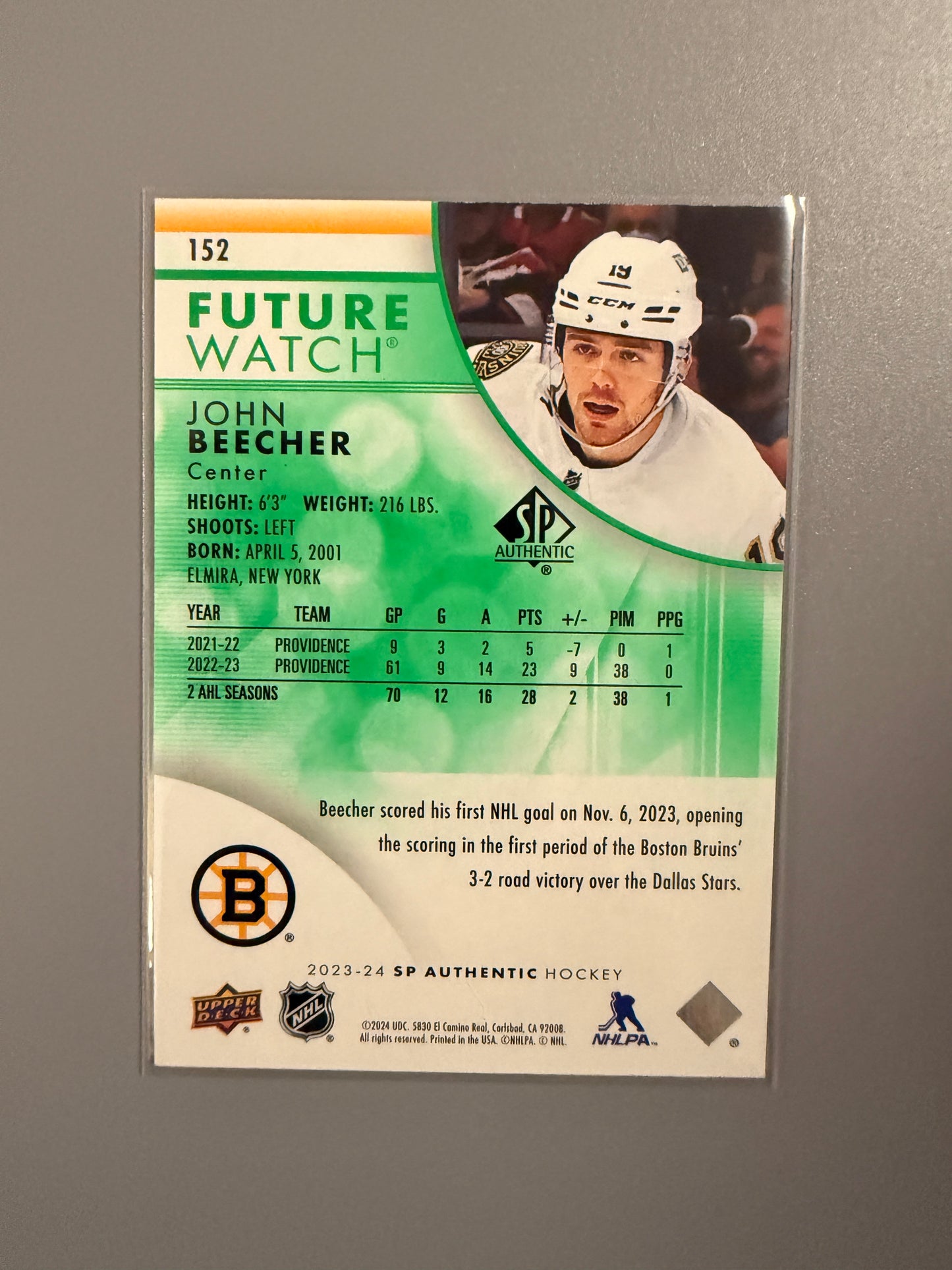 2023-24 SP Authentic Future Watch Green John Beecher RC 148/199 152 Bruins