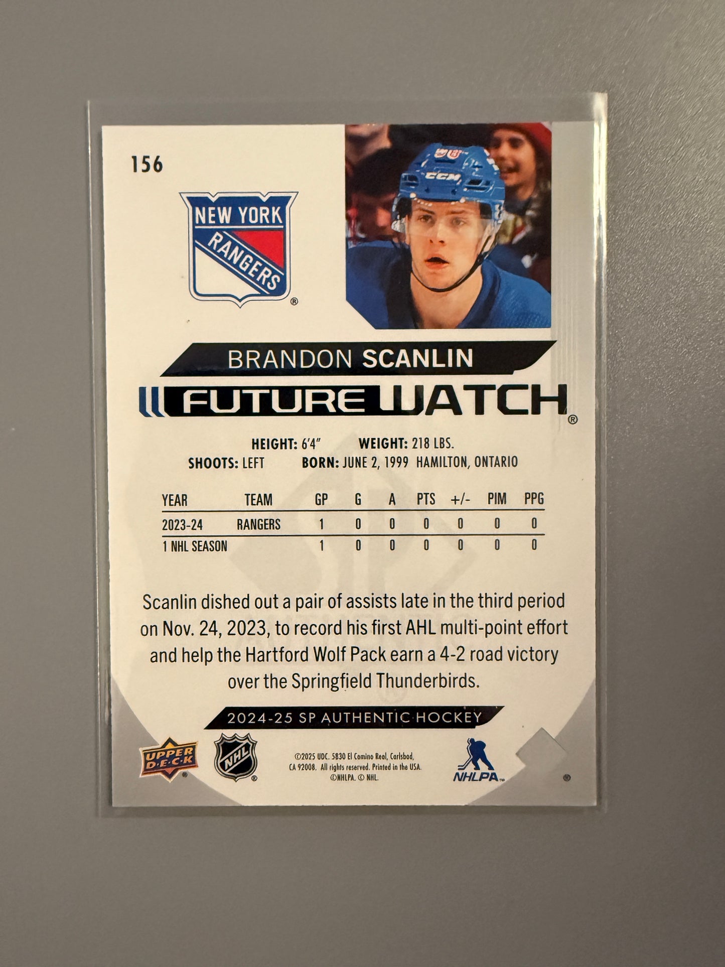 2024-25 SP Authentic Future Watch Brandon Scanlin RC 156 Rangers