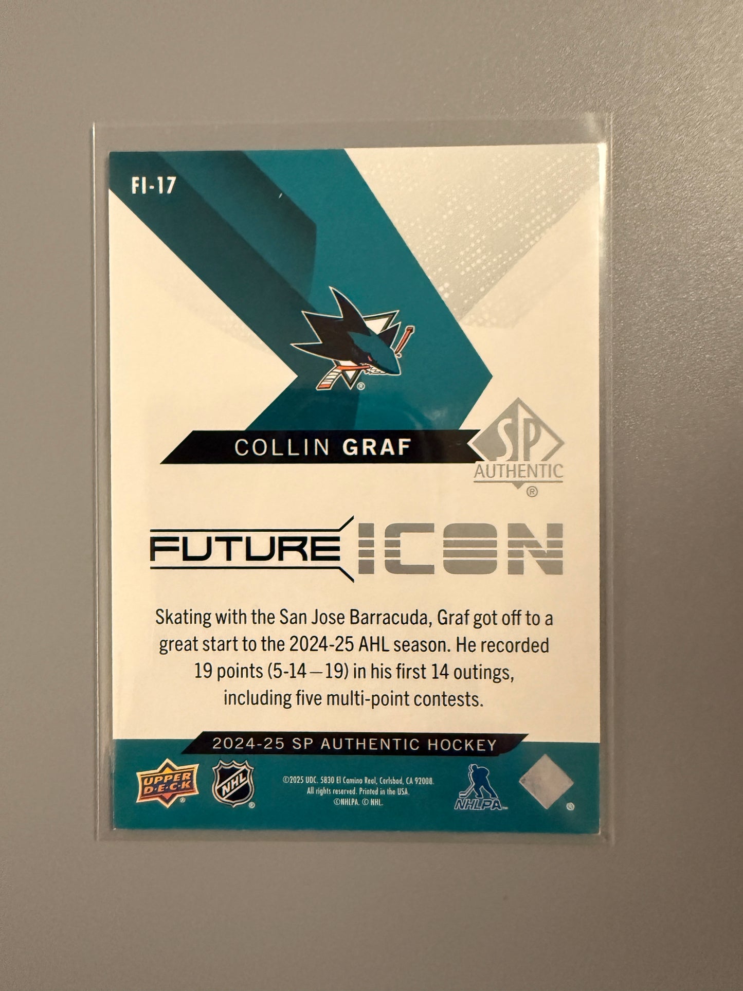 2024-25 SP Authentic Future Icon Collin Graf RC 160/399 FI-17 Sharks