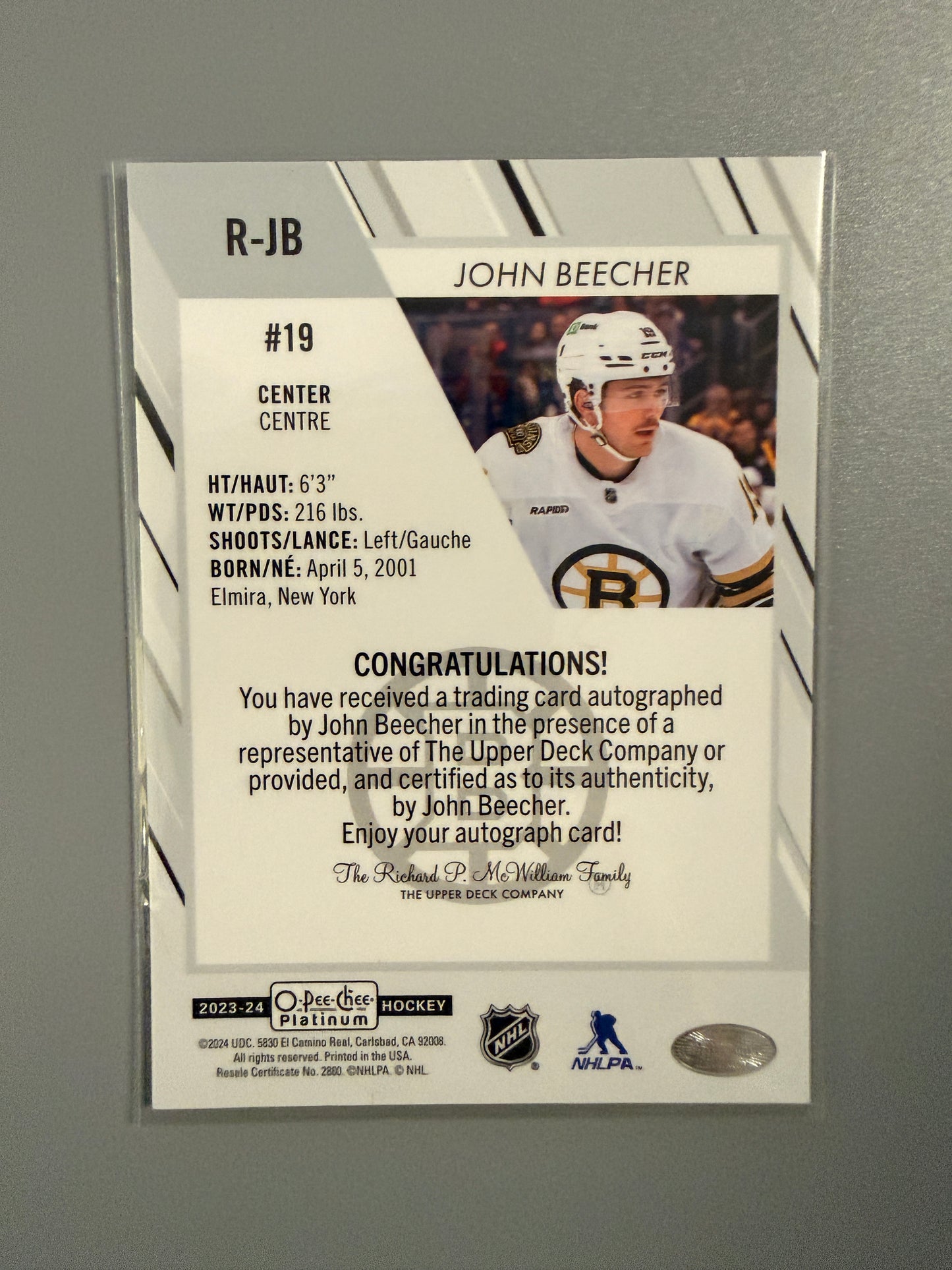 2023-24 O-Pee-Chee Platinum Rookie Autographs John Beecher RC R-JB Bruins