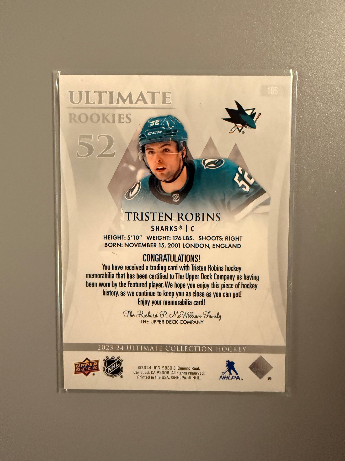 2023-24 Ultimate Rookies Patch Variant Tristen Robins RC 165 Sharks