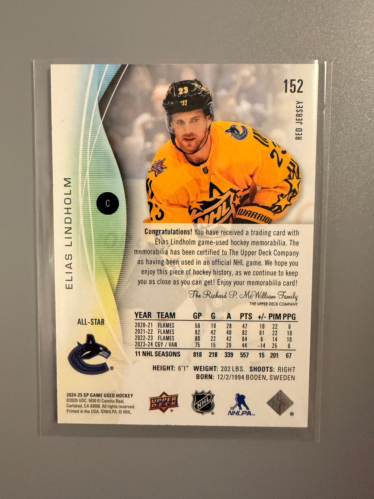 2024-25 SP Game Red Jersey Variant Elias Lindholm 152 Canucks