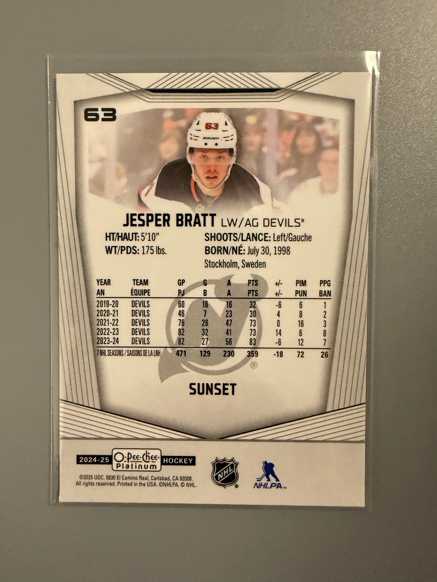 2024-25 O-Pee-Chee Platinum Sunset Variant Jesper Bratt 63 Devils