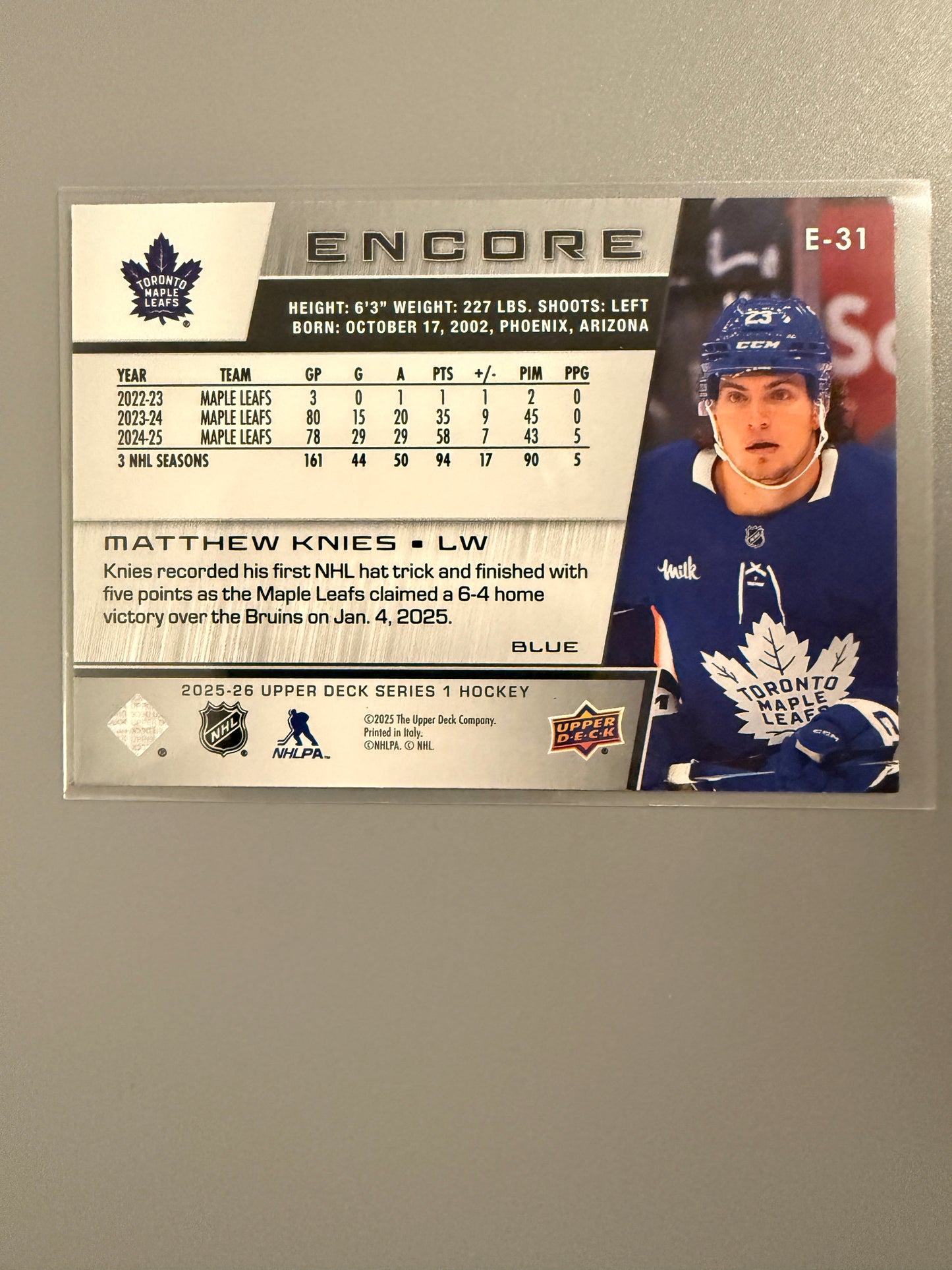 2025-26 Series One Encore Blue Matthew Knies E-31 Maple Leafs