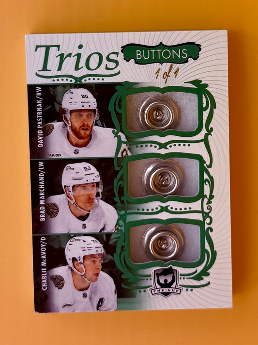 2023 - 2024 Upper Deck "The Cup" Bruins Button Trios: Marchand, McAvoy and Pastrnak