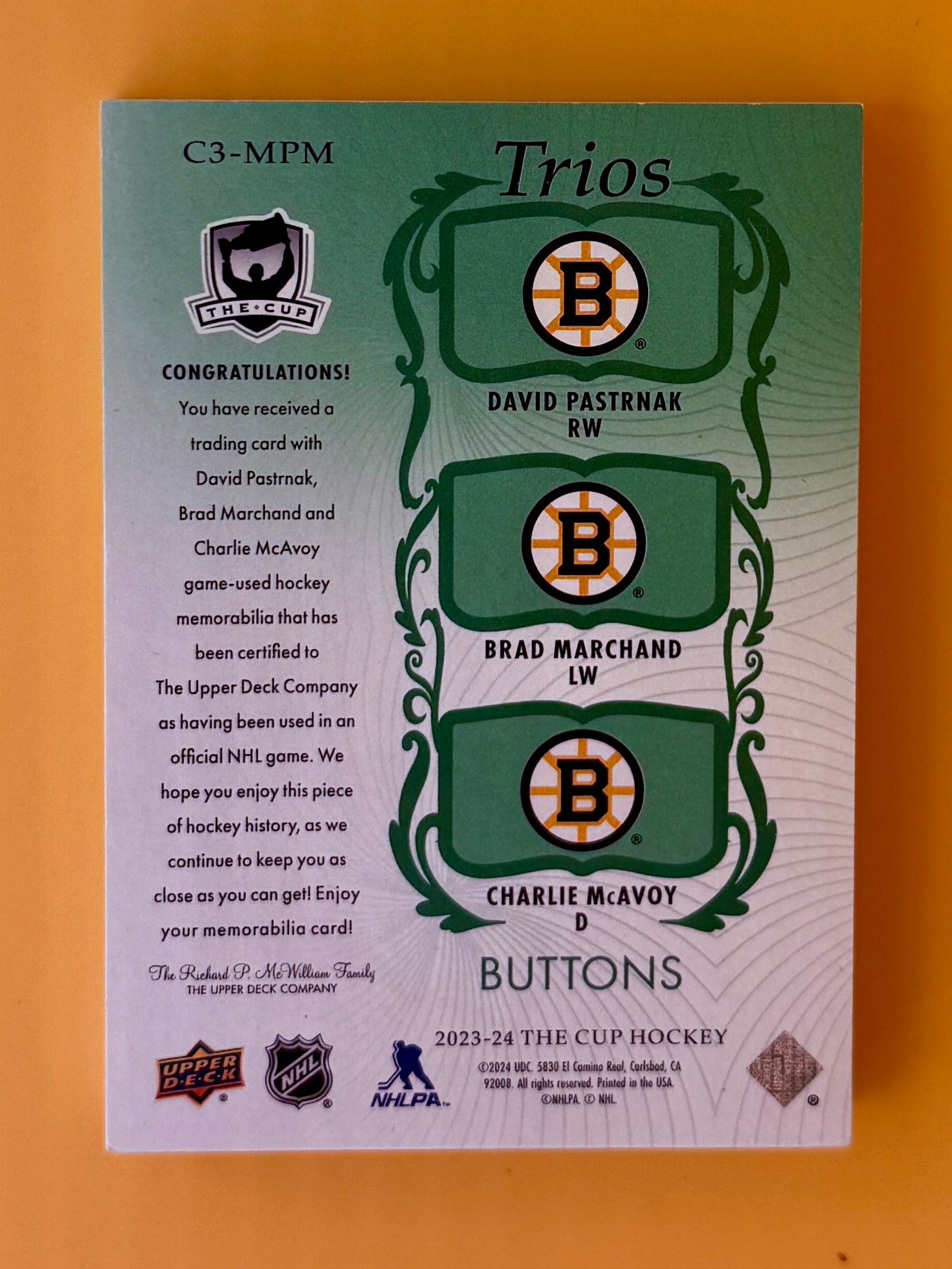 2023 - 2024 Upper Deck "The Cup" Bruins Button Trios: Marchand, McAvoy and Pastrnak